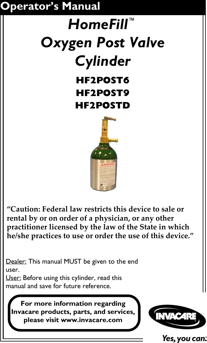 Invacare Oxygen Equipment 1148114 Users Manual 1148114B