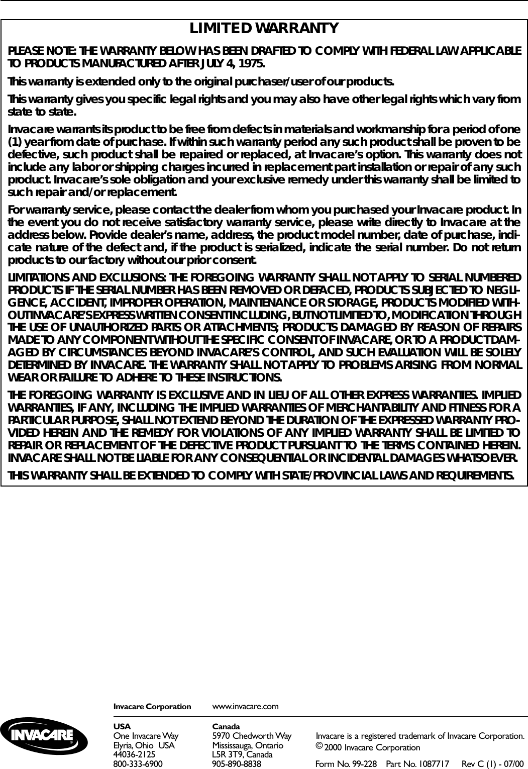 Page 8 of 8 - Invacare Invacare-Invacare-Wheelchair-9000-Wheelchairs-Users-Manual- 1087717  Invacare-invacare-wheelchair-9000-wheelchairs-users-manual