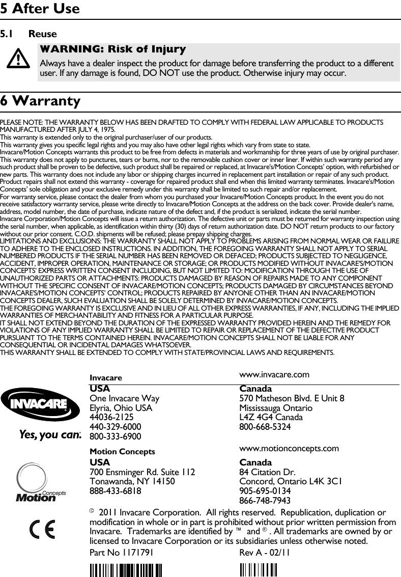 Page 4 of 4 - Invacare Invacare-Invacare-Wheelchair-Ft-Users-Manual- 1171791A  Invacare-invacare-wheelchair-ft-users-manual