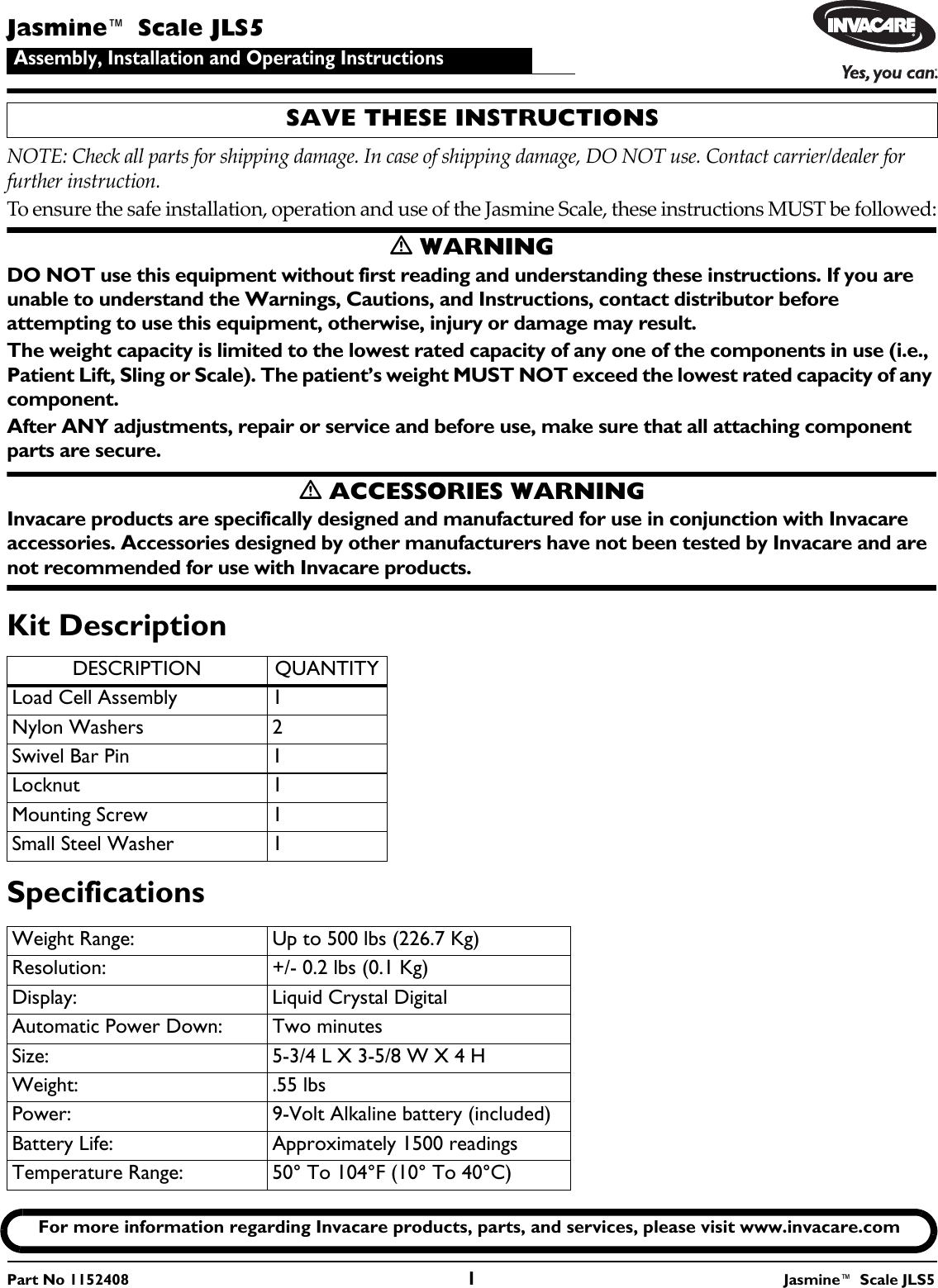 Page 1 of 8 - Invacare Invacare-Jasmine-Jls5-Users-Manual- 1152408B  Invacare-jasmine-jls5-users-manual