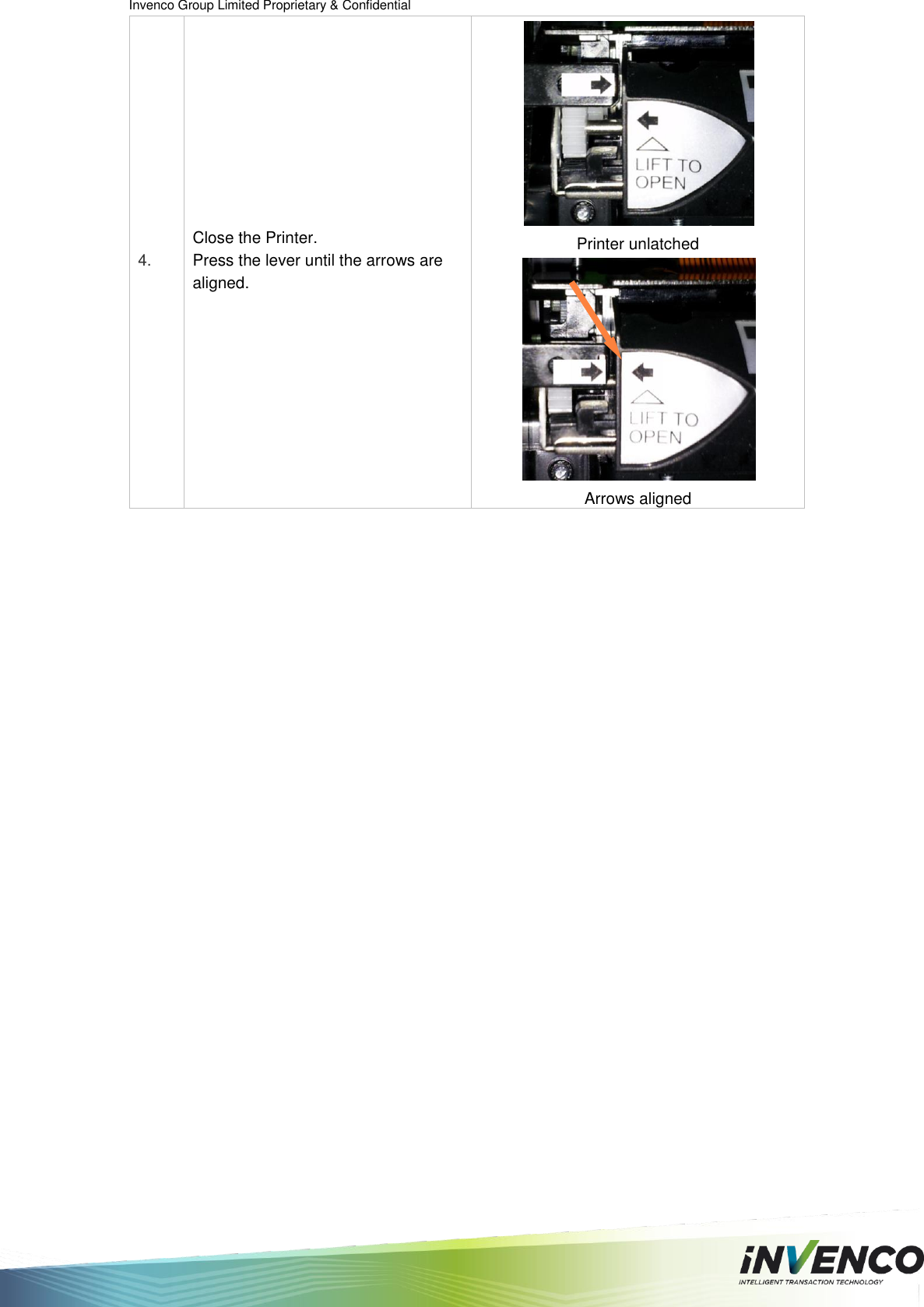 Invenco Group Limited Proprietary &amp; Confidential  4. Close the Printer. Press the lever until the arrows are aligned.   Printer unlatched  Arrows aligned    