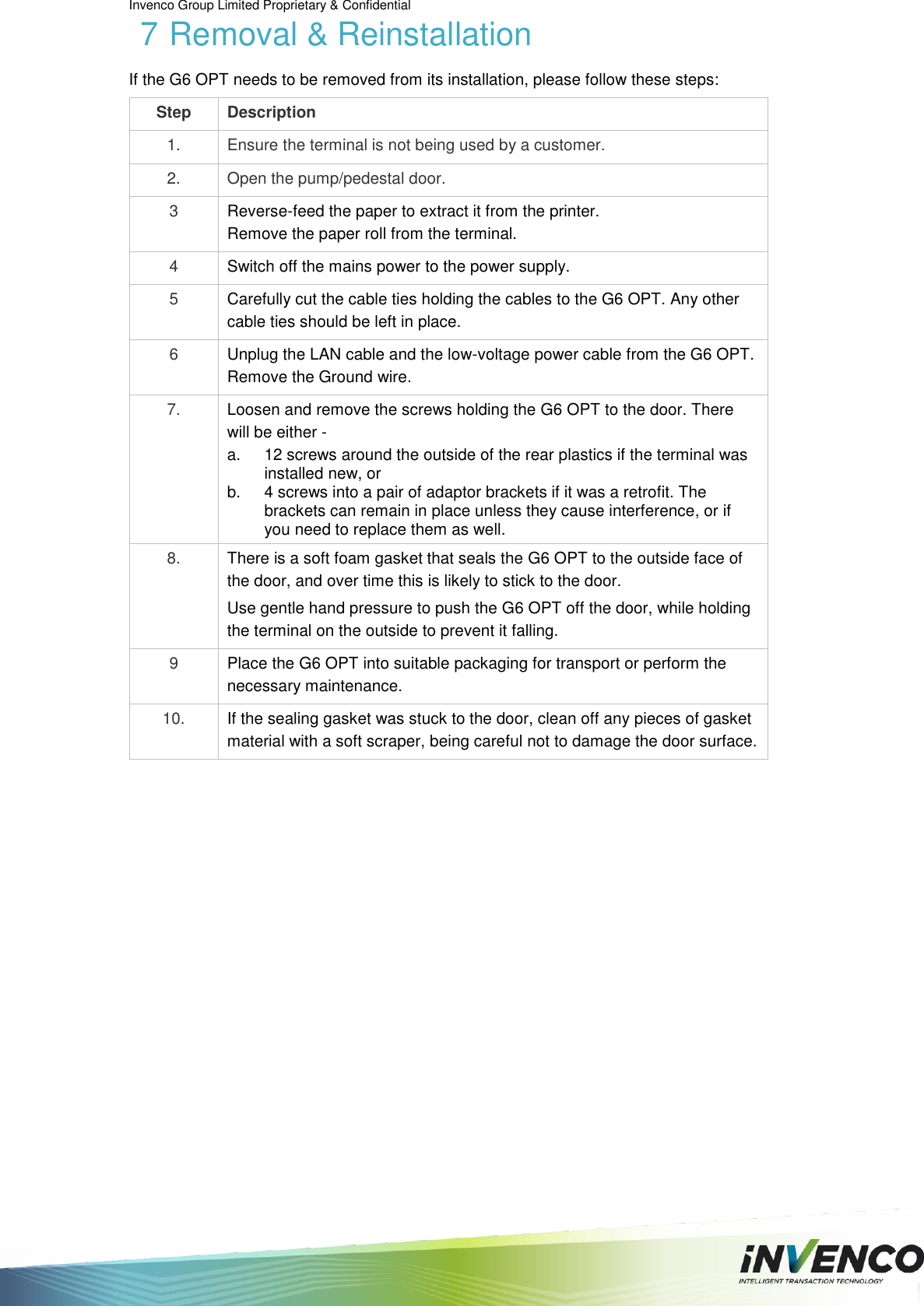 Invenco Group Limited Proprietary &amp; Confidential  7 Removal &amp; Reinstallation If the G6 OPT needs to be removed from its installation, please follow these steps: Step Description 1. Ensure the terminal is not being used by a customer. 2. Open the pump/pedestal door. 3 Reverse-feed the paper to extract it from the printer.  Remove the paper roll from the terminal. 4 Switch off the mains power to the power supply. 5 Carefully cut the cable ties holding the cables to the G6 OPT. Any other cable ties should be left in place. 6 Unplug the LAN cable and the low-voltage power cable from the G6 OPT. Remove the Ground wire. 7. Loosen and remove the screws holding the G6 OPT to the door. There will be either - a.  12 screws around the outside of the rear plastics if the terminal was installed new, or b.  4 screws into a pair of adaptor brackets if it was a retrofit. The brackets can remain in place unless they cause interference, or if you need to replace them as well. 8. There is a soft foam gasket that seals the G6 OPT to the outside face of the door, and over time this is likely to stick to the door.  Use gentle hand pressure to push the G6 OPT off the door, while holding the terminal on the outside to prevent it falling. 9 Place the G6 OPT into suitable packaging for transport or perform the necessary maintenance. 10. If the sealing gasket was stuck to the door, clean off any pieces of gasket material with a soft scraper, being careful not to damage the door surface.     