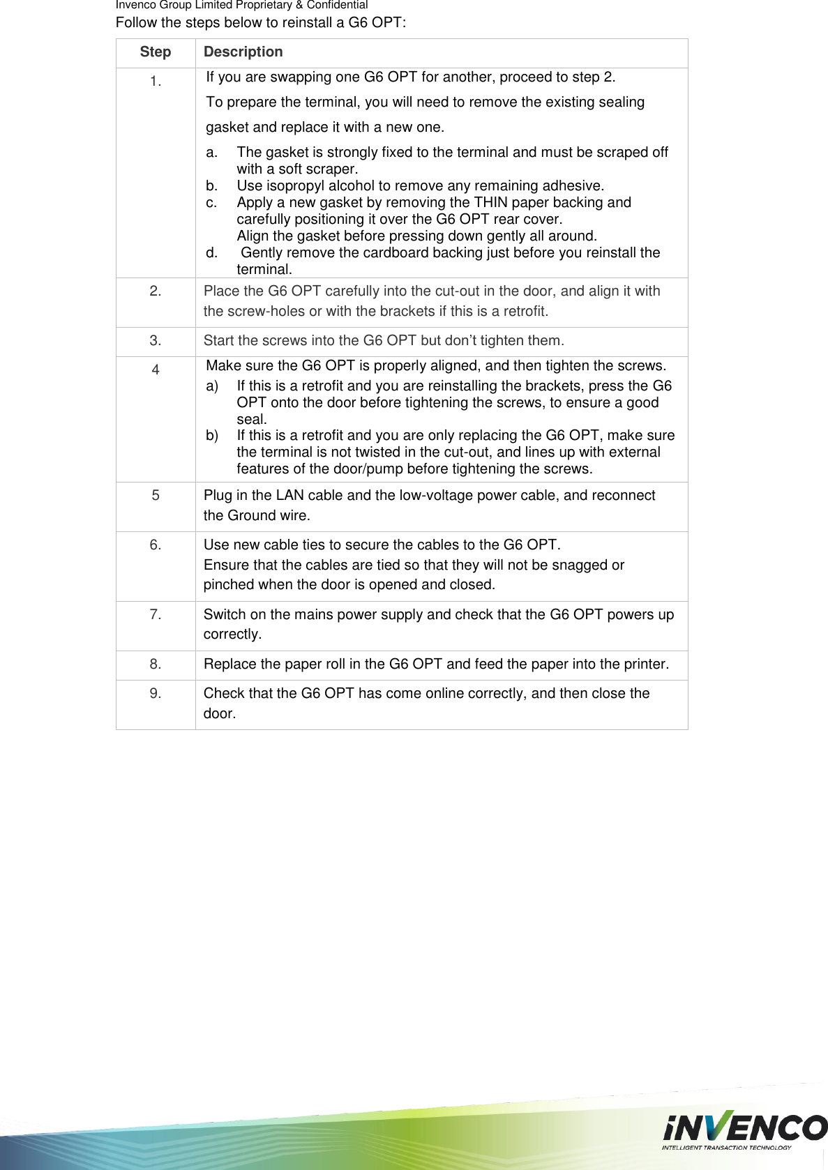 Invenco Group Limited Proprietary &amp; Confidential  Follow the steps below to reinstall a G6 OPT: Step Description 1. If you are swapping one G6 OPT for another, proceed to step 2. To prepare the terminal, you will need to remove the existing sealing gasket and replace it with a new one.  a.  The gasket is strongly fixed to the terminal and must be scraped off with a soft scraper. b.  Use isopropyl alcohol to remove any remaining adhesive. c.  Apply a new gasket by removing the THIN paper backing and carefully positioning it over the G6 OPT rear cover.  Align the gasket before pressing down gently all around. d.   Gently remove the cardboard backing just before you reinstall the terminal. 2. Place the G6 OPT carefully into the cut-out in the door, and align it with the screw-holes or with the brackets if this is a retrofit. 3. Start the screws into the G6 OPT but don’t tighten them. 4 Make sure the G6 OPT is properly aligned, and then tighten the screws. a)  If this is a retrofit and you are reinstalling the brackets, press the G6 OPT onto the door before tightening the screws, to ensure a good seal. b)  If this is a retrofit and you are only replacing the G6 OPT, make sure the terminal is not twisted in the cut-out, and lines up with external features of the door/pump before tightening the screws. 5 Plug in the LAN cable and the low-voltage power cable, and reconnect the Ground wire. 6. Use new cable ties to secure the cables to the G6 OPT.  Ensure that the cables are tied so that they will not be snagged or pinched when the door is opened and closed. 7. Switch on the mains power supply and check that the G6 OPT powers up correctly. 8. Replace the paper roll in the G6 OPT and feed the paper into the printer. 9. Check that the G6 OPT has come online correctly, and then close the door.    