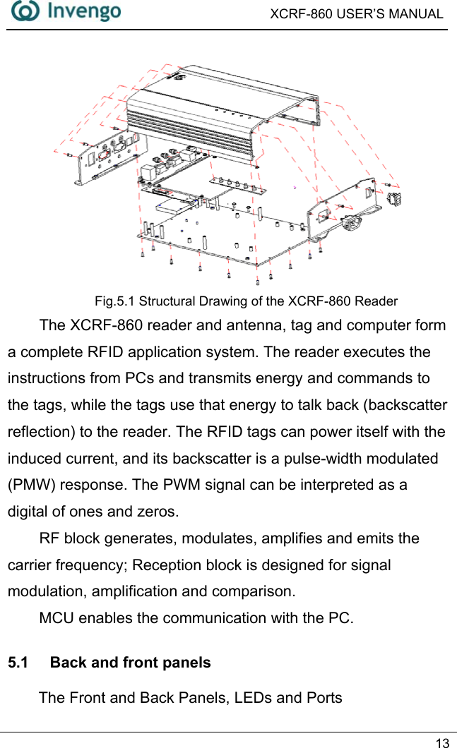  XCRF-860 USER’S MANUAL   13   Fig.5.1 Structural Drawing of the XCRF-860 Reader The XCRF-860 reader and antenna, tag and computer form a complete RFID application system. The reader executes the instructions from PCs and transmits energy and commands to the tags, while the tags use that energy to talk back (backscatter reflection) to the reader. The RFID tags can power itself with the induced current, and its backscatter is a pulse-width modulated (PMW) response. The PWM signal can be interpreted as a digital of ones and zeros. RF block generates, modulates, amplifies and emits the carrier frequency; Reception block is designed for signal modulation, amplification and comparison.   MCU enables the communication with the PC. 5.1  Back and front panels The Front and Back Panels, LEDs and Ports 