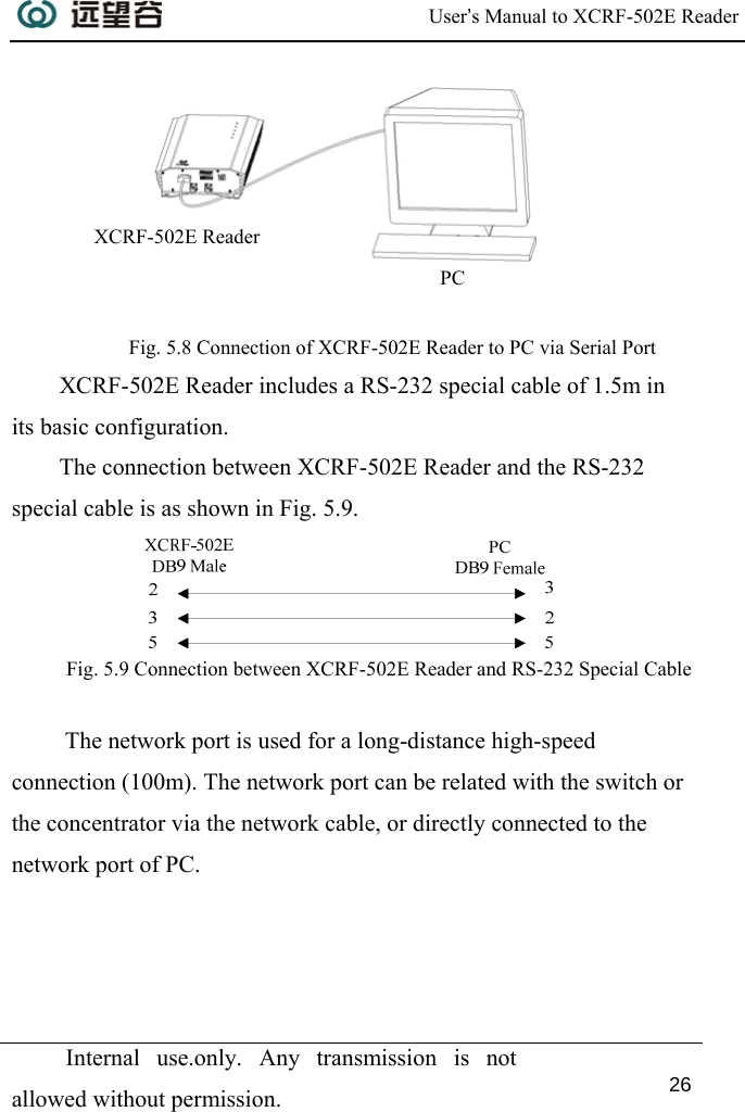  User’s Manual to XCRF-502E Reader  Internal use.only. Any transmission is not allowed without permission. 26      Fig. 5.8 Connection of XCRF-502E Reader to PC via Serial Port XCRF-502E Reader includes a RS-232 special cable of 1.5m in its basic configuration.  The connection between XCRF-502E Reader and the RS-232 special cable is as shown in Fig. 5.9.  Fig. 5.9 Connection between XCRF-502E Reader and RS-232 Special Cable   The network port is used for a long-distance high-speed connection (100m). The network port can be related with the switch or the concentrator via the network cable, or directly connected to the network port of PC.  XCRF-502E Reader PC 
