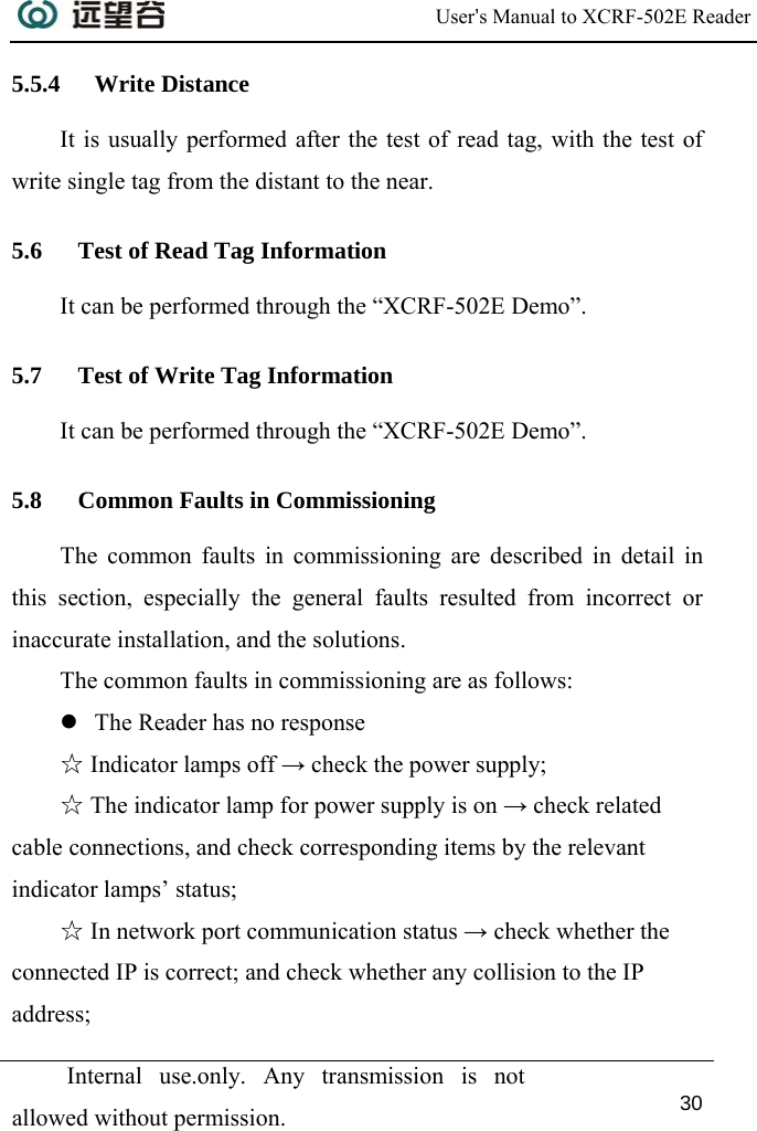  User’s Manual to XCRF-502E Reader  Internal use.only. Any transmission is not allowed without permission. 30  5.5.4 Write Distance It is usually performed after the test of read tag, with the test of write single tag from the distant to the near. 5.6 Test of Read Tag Information It can be performed through the “XCRF-502E Demo”.  5.7 Test of Write Tag Information It can be performed through the “XCRF-502E Demo”.  5.8 Common Faults in Commissioning The common faults in commissioning are described in detail in this section, especially the general faults resulted from incorrect or inaccurate installation, and the solutions. The common faults in commissioning are as follows:  z The Reader has no response ☆ Indicator lamps off → check the power supply; ☆ The indicator lamp for power supply is on → check related cable connections, and check corresponding items by the relevant indicator lamps’ status; ☆ In network port communication status → check whether the connected IP is correct; and check whether any collision to the IP address; 