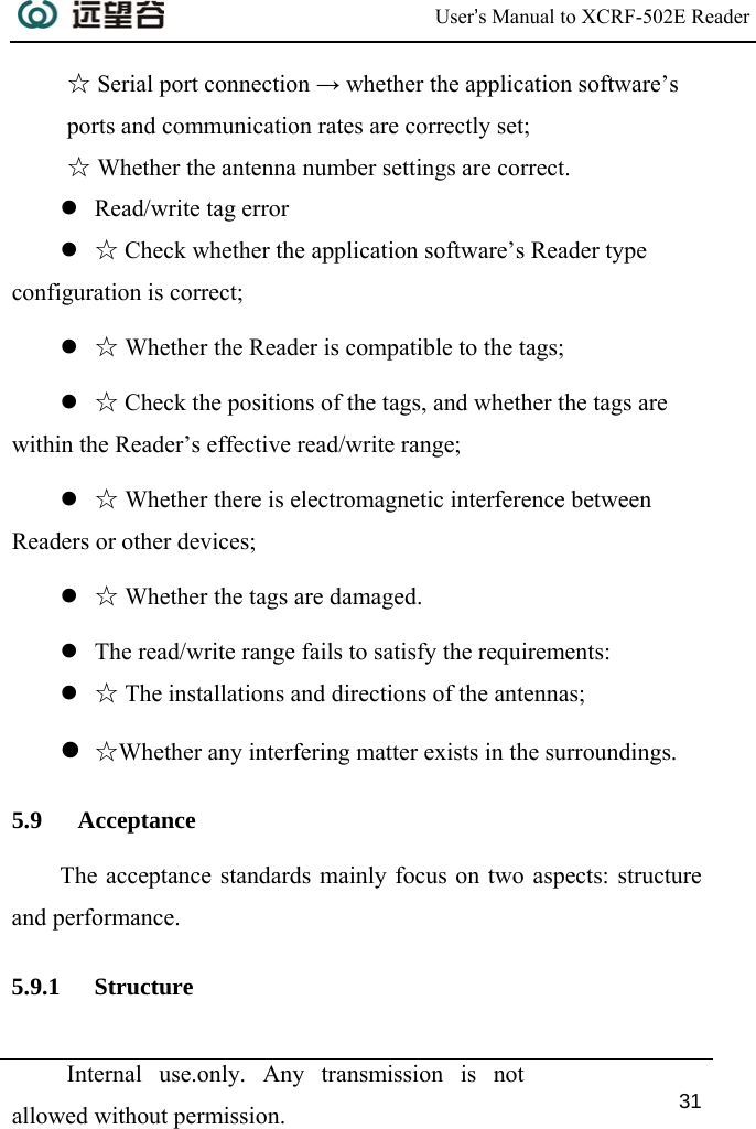  User’s Manual to XCRF-502E Reader  Internal use.only. Any transmission is not allowed without permission. 31  ☆ Serial port connection → whether the application software’s ports and communication rates are correctly set;  ☆ Whether the antenna number settings are correct. z Read/write tag error z ☆ Check whether the application software’s Reader type configuration is correct; z ☆ Whether the Reader is compatible to the tags; z ☆ Check the positions of the tags, and whether the tags are within the Reader’s effective read/write range; z ☆ Whether there is electromagnetic interference between Readers or other devices; z ☆ Whether the tags are damaged. z The read/write range fails to satisfy the requirements:  z ☆ The installations and directions of the antennas; z ☆Whether any interfering matter exists in the surroundings. 5.9 Acceptance The acceptance standards mainly focus on two aspects: structure and performance. 5.9.1 Structure 