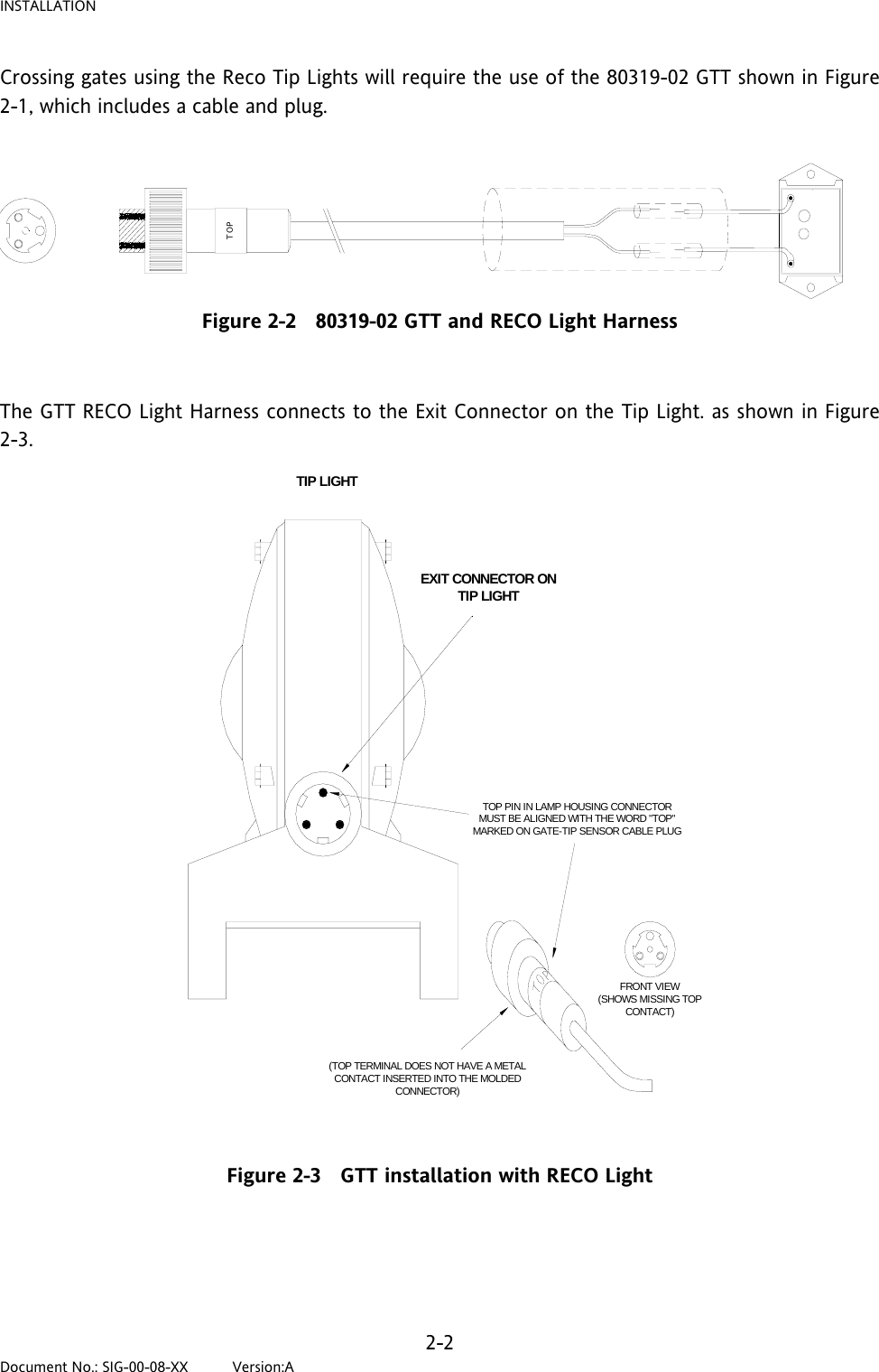 INSTALLATION Crossing gates using the Reco Tip Lights will require the use of the 80319-02 GTT shown in Figure 2-1, which includes a cable and plug.   Figure 2-2   80319-02 GTT and RECO Light Harness  The GTT RECO Light Harness connects to the Exit Connector on the Tip Light. as shown in Figure 2-3. TOPTOP PIN IN LAMP HOUSING CONNECTORMUST BE ALIGNED WITH THE WORD &quot;TOP&quot;MARKED ON GATE-TIP SENSOR CABLE PLUGTIP LIGHTEXIT CONNECTOR ONTIP LIGHTFRONT VIEW(SHOWS MISSING TOPCONTACT)(TOP TERMINAL DOES NOT HAVE A METALCONTACT INSERTED INTO THE MOLDEDCONNECTOR) Figure 2-3   GTT installation with RECO Light   2-2 Document No.: SIG-00-08-XX          Version:A 
