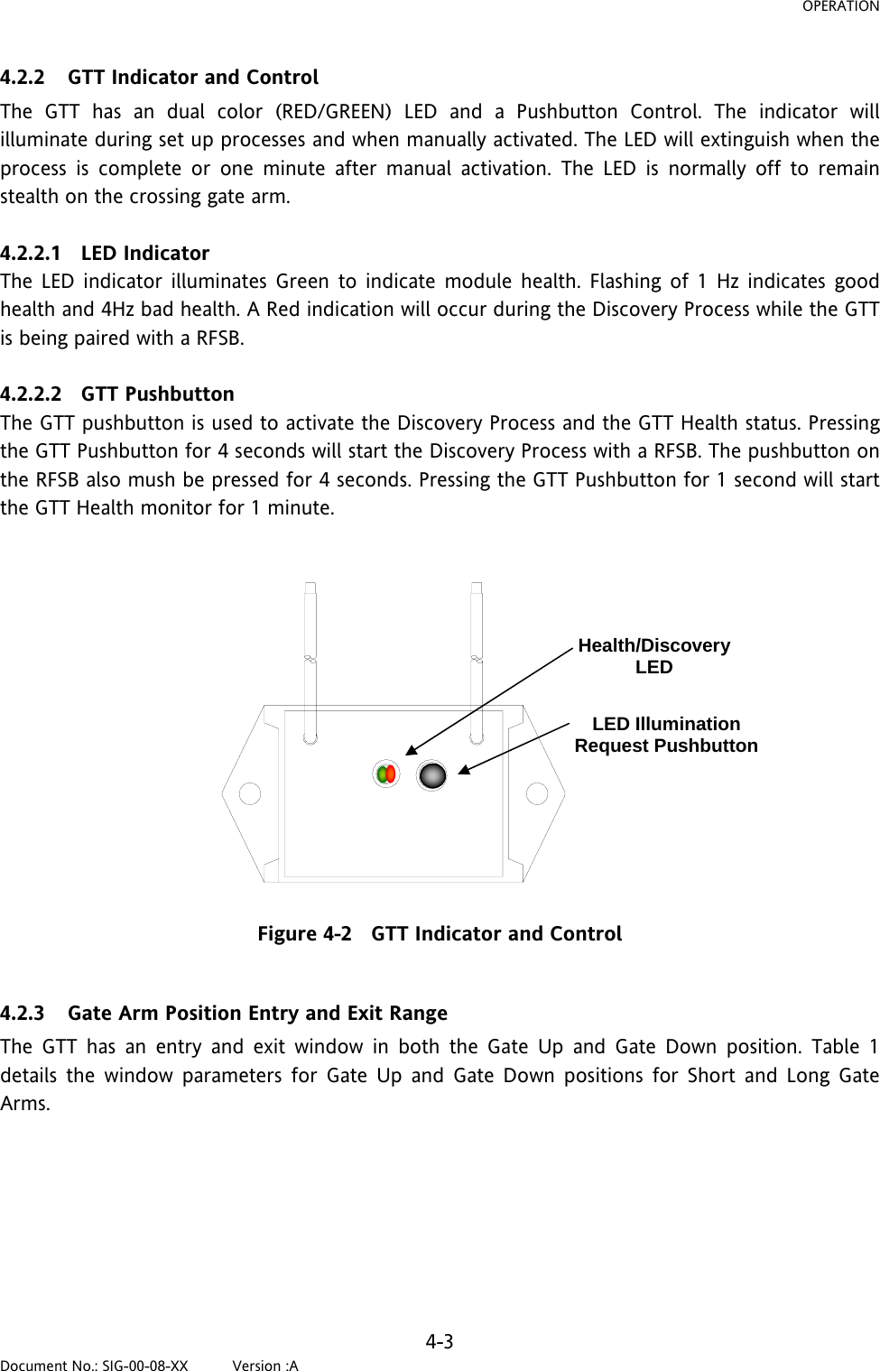 OPERATION 4.2.2 GTT Indicator and Control The GTT has an dual color (RED/GREEN) LED and a Pushbutton Control. The indicator will illuminate during set up processes and when manually activated. The LED will extinguish when the process is complete or one minute after manual activation. The LED is normally off to remain stealth on the crossing gate arm.  4.2.2.1 LED Indicator The LED indicator illuminates Green to indicate module health. Flashing of 1 Hz indicates good health and 4Hz bad health. A Red indication will occur during the Discovery Process while the GTT is being paired with a RFSB.   4.2.2.2 GTT Pushbutton The GTT pushbutton is used to activate the Discovery Process and the GTT Health status. Pressing the GTT Pushbutton for 4 seconds will start the Discovery Process with a RFSB. The pushbutton on the RFSB also mush be pressed for 4 seconds. Pressing the GTT Pushbutton for 1 second will start the GTT Health monitor for 1 minute.  Health/Discovery LED LED Illumination Request Pushbutton  Figure 4-2   GTT Indicator and Control  4.2.3 Gate Arm Position Entry and Exit Range The GTT has an entry and exit window in both the Gate Up and Gate Down position. Table 1 details the window parameters for Gate Up and Gate Down positions for Short and Long Gate Arms.        4-3 Document No.: SIG-00-08-XX          Version :A 