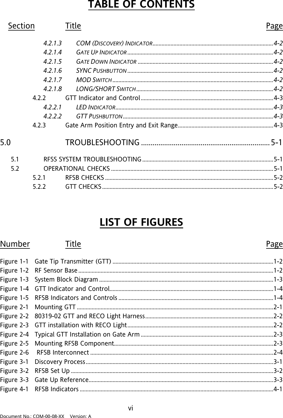 TABLE OF CONTENTS  Section Title Page 4.2.1.3 COM (DISCOVERY) INDICATOR.................................................................................4-24.2.1.4 GATE UP INDICATOR ..................................................................................................4-24.2.1.5 GATE DOWN INDICATOR ...........................................................................................4-24.2.1.6 SYNC PUSHBUTTON ..................................................................................................4-24.2.1.7 MOD SWITCH ............................................................................................................4-24.2.1.8 LONG/SHORT SWITCH ............................................................................................4-24.2.2 GTT Indicator and Control.........................................................................................4-34.2.2.1 LED INDICATOR..........................................................................................................4-34.2.2.2 GTT PUSHBUTTON .....................................................................................................4-34.2.3 Gate Arm Position Entry and Exit Range................................................................4-35.0 TROUBLESHOOTING ................................................................... 5-1 5.1 RFSS SYSTEM TROUBLESHOOTING........................................................................................5-15.2 OPERATIONAL CHECKS .............................................................................................................5-15.2.1 RFSB CHECKS .................................................................................................................5-25.2.2 GTT CHECKS ...................................................................................................................5-2    LIST OF FIGURES  Number Title Page Figure 1-1   Gate Tip Transmitter (GTT) ............................................................................................................1-2 Figure 1-2   RF Sensor Base ...................................................................................................................................1-2 Figure 1-3   System Block Diagram .....................................................................................................................1-3 Figure 1-4   GTT Indicator and Control..............................................................................................................1-4 Figure 1-5   RFSB Indicators and Controls ........................................................................................................1-4 Figure 2-1   Mounting GTT ....................................................................................................................................2-1 Figure 2-2   80319-02 GTT and RECO Light Harness......................................................................................2-2 Figure 2-3   GTT installation with RECO Light..................................................................................................2-2 Figure 2-4   Typical GTT Installation on Gate Arm .........................................................................................2-3 Figure 2-5   Mounting RFSB Component...........................................................................................................2-3 Figure 2-6    RFSB Interconnect ...........................................................................................................................2-4 Figure 3-1   Discovery Process..............................................................................................................................3-1 Figure 3-2   RFSB Set Up ........................................................................................................................................3-2 Figure 3-3   Gate Up Reference............................................................................................................................3-3 Figure 4-1   RFSB Indicators ..................................................................................................................................4-1  vi Document No.: COM-00-08-XX    Version: A 