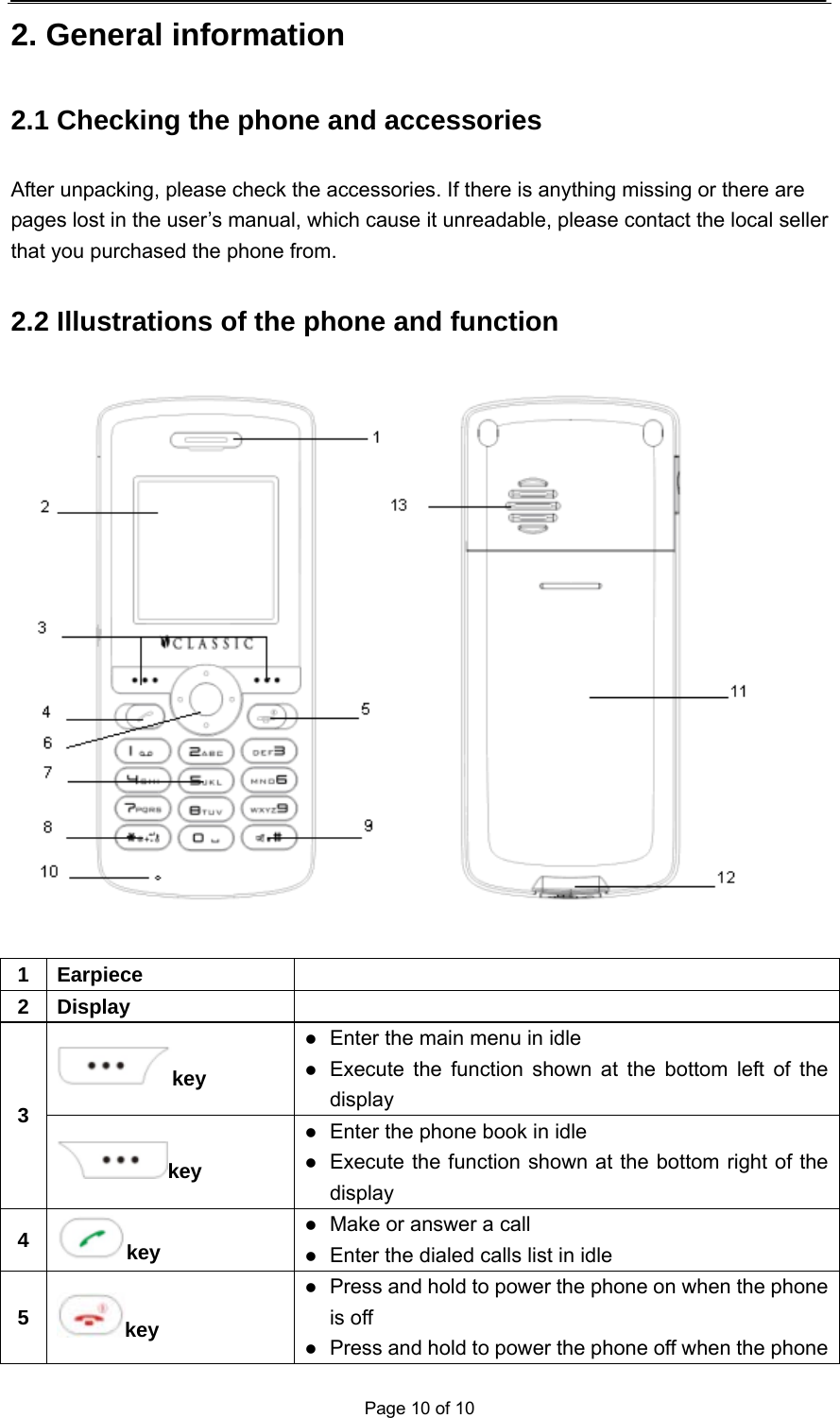  Page 10 of 10 2. General information 2.1 Checking the phone and accessories After unpacking, please check the accessories. If there is anything missing or there are pages lost in the user’s manual, which cause it unreadable, please contact the local seller that you purchased the phone from. 2.2 Illustrations of the phone and function   1  Earpiece   2  Display   key  Enter the main menu in idle  Execute the function shown at the bottom left of the display 3 key  Enter the phone book in idle  Execute the function shown at the bottom right of the display 4  key  Make or answer a call  Enter the dialed calls list in idle 5  key  Press and hold to power the phone on when the phone is off  Press and hold to power the phone off when the phone 