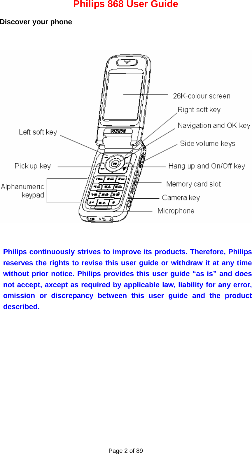 Philips 868 User Guide Page 2 of 89 Discover your phone      Philips continuously strives to improve its products. Therefore, Philips reserves the rights to revise this user guide or withdraw it at any time without prior notice. Philips provides this user guide “as is” and does not accept, axcept as required by applicable law, liability for any error, omission or discrepancy between this user guide and the product described.       