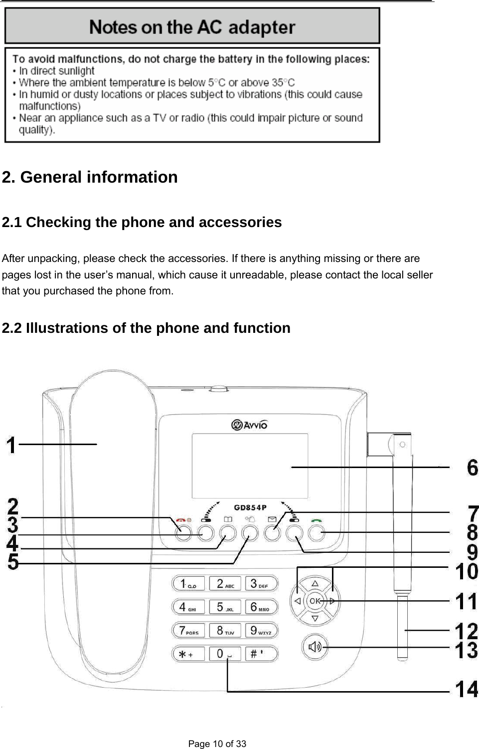  Page 10 of 33  2. General information 2.1 Checking the phone and accessories After unpacking, please check the accessories. If there is anything missing or there are pages lost in the user’s manual, which cause it unreadable, please contact the local seller that you purchased the phone from. 2.2 Illustrations of the phone and function  