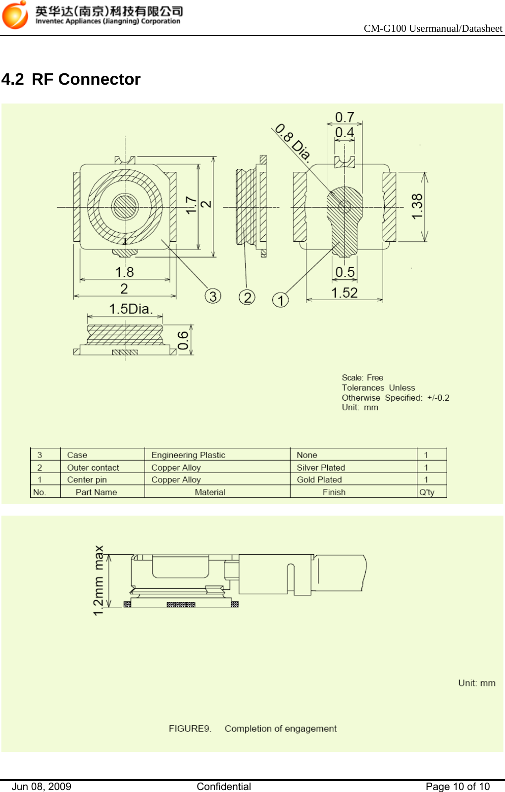    CM-G100 Usermanual/Datasheet Jun 08, 2009   Confidential  Page 10 of 10  4.2 RF Connector     