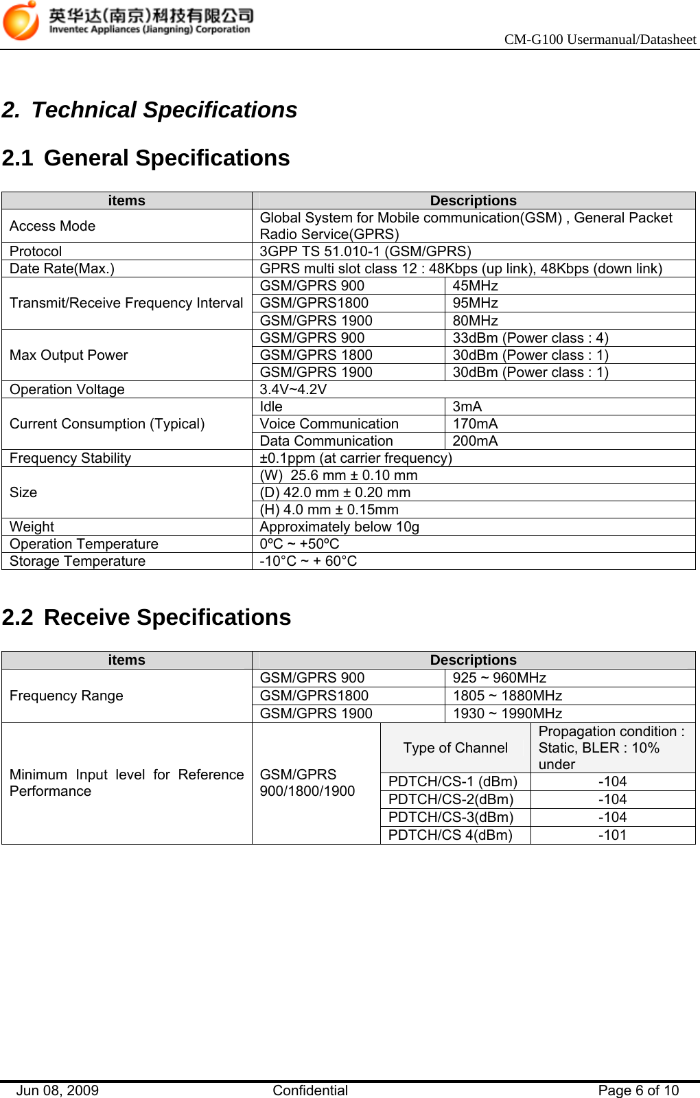    CM-G100 Usermanual/Datasheet Jun 08, 2009   Confidential  Page 6 of 10  2. Technical Specifications 2.1 General Specifications  items  Descriptions Access Mode  Global System for Mobile communication(GSM) , General Packet Radio Service(GPRS) Protocol  3GPP TS 51.010-1 (GSM/GPRS) Date Rate(Max.)  GPRS multi slot class 12 : 48Kbps (up link), 48Kbps (down link) GSM/GPRS 900  45MHz GSM/GPRS1800   95MHz Transmit/Receive Frequency Interval GSM/GPRS 1900   80MHz GSM/GPRS 900  33dBm (Power class : 4) GSM/GPRS 1800  30dBm (Power class : 1) Max Output Power GSM/GPRS 1900  30dBm (Power class : 1) Operation Voltage  3.4V~4.2V Idle 3mA Voice Communication  170mA Current Consumption (Typical) Data Communication  200mA Frequency Stability  ±0.1ppm (at carrier frequency) (W)  25.6 mm ± 0.10 mm (D) 42.0 mm ± 0.20 mm Size (H) 4.0 mm ± 0.15mm Weight  Approximately below 10g Operation Temperature  0ºC ~ +50ºC Storage Temperature  -10°C ~ + 60°C  2.2 Receive Specifications  items  Descriptions GSM/GPRS 900  925 ~ 960MHz GSM/GPRS1800   1805 ~ 1880MHz Frequency Range GSM/GPRS 1900   1930 ~ 1990MHz Type of Channel Propagation condition :Static, BLER : 10% under PDTCH/CS-1 (dBm)   -104 PDTCH/CS-2(dBm)   -104 PDTCH/CS-3(dBm)   -104 Minimum Input level for Reference Performance GSM/GPRS 900/1800/1900 PDTCH/CS 4(dBm)   -101  