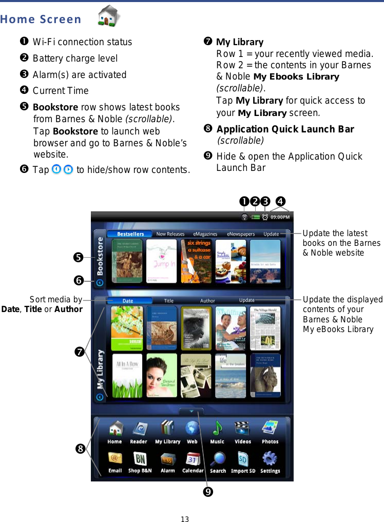 13  Home Screen    Wi-Fi connection status     Battery charge level  Alarm(s) are activated  Current Time  Bookstore row shows latest books    from Barnes &amp; Noble (scrollable).    Tap Bookstore to launch web    browser and go to Barnes &amp; Noble’s    website.  Tap      to hide/show row contents.  My Library Row 1 = your recently viewed media. Row 2 = the contents in your Barnes &amp; Noble My Ebooks Library (scrollable). Tap My Library for quick access to your My Library screen. Application Quick Launch Bar    (scrollable)  Hide &amp; open the Application Quick Launch Bar                    Sort media by Date, Title or Author Update the displayed contents of your Barnes &amp; Noble My eBooks Library                 Update the latest books on the Barnes &amp; Noble website 