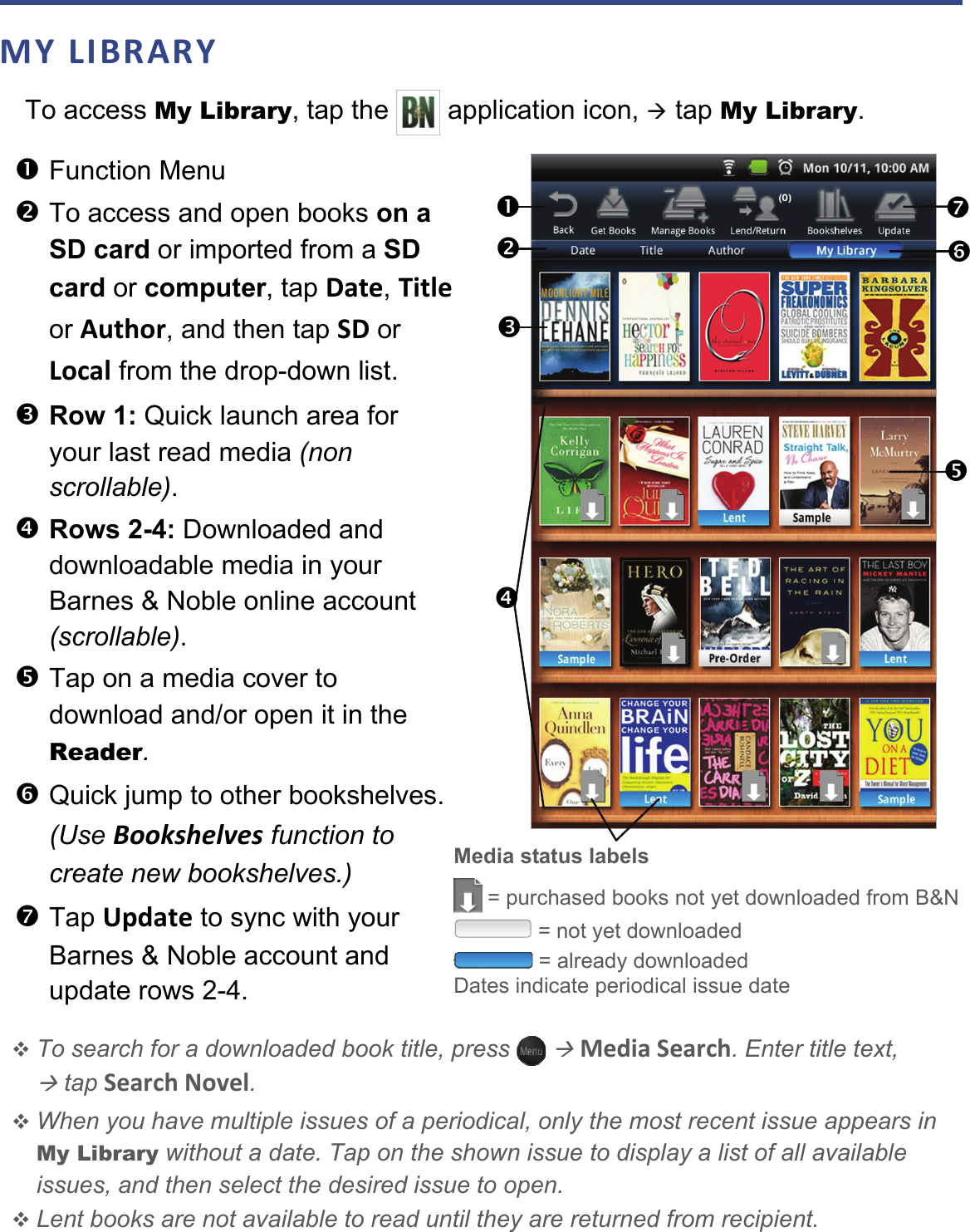  MY LIBRARY To access My Library, tap the   application icon,  tap My Library.   Function Menu  To access and open books on a SD card or imported from a SD card or computer, tap Date, Title or Author, and then tap SD or Local from the drop-down list.  Row 1: Quick launch area for your last read media (non scrollable).  Rows 2-4: Downloaded and downloadable media in your Barnes &amp; Noble online account (scrollable).  Tap on a media cover to download and/or open it in the Reader.  Quick jump to other bookshelves. (Use Bookshelves function to create new bookshelves.)  Tap Update to sync with your Barnes &amp; Noble account and update rows 2-4.  To search for a downloaded book title, press    Media Search. Enter title text,  tap Search Novel.  When you have multiple issues of a periodical, only the most recent issue appears in My Library without a date. Tap on the shown issue to display a list of all available issues, and then select the desired issue to open.  Lent books are not available to read until they are returned from recipient. Media status labels  = purchased books not yet downloaded from B&amp;N  = not yet downloaded  = already downloaded Dates indicate periodical issue date 