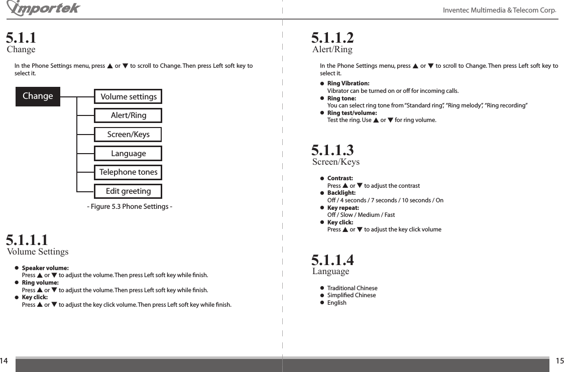 1415Inventec Multimedia &amp; Telecom Corp. In the Phone Settings menu, press ▲ or ▼ to scroll to Change. Then press Left soft key to select it.Change5.1.1- Figure 5.3 Phone Settings -Change Volume settingsEdit greetingTelephone tonesLanguageScreen/KeysAlert/Ring● Speaker volume:   Press ▲ or ▼ to adjust the volume. Then press Left soft key while ﬁnish.● Ring volume:  Press ▲ or ▼ to adjust the volume. Then press Left soft key while ﬁnish.● Key click:  Press ▲ or ▼ to adjust the key click volume. Then press Left soft key while ﬁnish.Volume Settings  5.1.1.1In the Phone Settings menu, press ▲ or ▼ to scroll to Change. Then press Left soft key to select it.● Ring Vibration:     Vibrator can be turned on or off for incoming calls.● Ring tone:   You can select ring tone from “Standard ring”,  “Ring melody”,  “Ring recording”● Ring test/volume:  Test the ring. Use ▲ or ▼ for ring volume.Alert/Ring 5.1.1.2● Contrast:  Press ▲ or ▼ to adjust the contrast● Backlight:  Off / 4 seconds / 7 seconds / 10 seconds / On● Key repeat:  Off / Slow / Medium / Fast● Key click:  Press ▲ or ▼ to adjust the key click volumeScreen/Keys 5.1.1.3●  Traditional Chinese● Simpliﬁed Chinese● EnglishLanguage 5.1.1.4