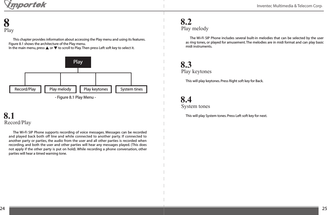 2425Inventec Multimedia &amp; Telecom Corp.   This chapter provides information about accessing the Play menu and using its features. Figure 8.1 shows the architecture of the Play menu.In the main menu, press ▲ or ▼ to scroll to Play. Then press Left soft key to select it.Play8  The Wi-Fi SIP Phone supports recording of voice messages. Messages can be recorded and played back both off line and while connected to another party. If connected to another party or parties, the audio from the user and all other parties is recorded when recording, and both the user and other parties will hear any messages played. (This does not apply if the other party is put on hold). While recording a phone conversation, other parties will hear a timed warning tone.Record/Play8.1PlayRecord/Play Play keytonesPlay melody- Figure 8.1 Play Menu -System tines  The Wi-Fi SIP Phone includes several built-in melodies that can be selected by the user as ring tones, or played for amusement. The melodies are in midi format and can play basic midi instruments.Play melody8.2This will play keytones. Press Right soft key for Back.Play keytones8.3This will play System tones. Press Left soft key for next.System tones8.4