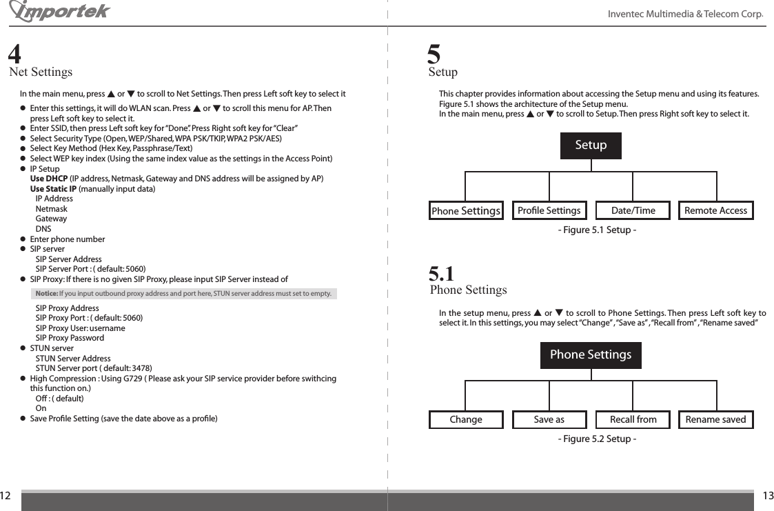1213Inventec Multimedia &amp; Telecom Corp. In the main menu, press ▲ or ▼ to scroll to Net Settings. Then press Left soft key to select it● Enter this settings, it will do WLAN scan. Press ▲ or ▼ to scroll this menu for AP. Then  press Left soft key to select it.● Enter SSID, then press Left soft key for “Done”. Press Right soft key for “Clear”● Select Security Type (Open, WEP/Shared, WPA PSK/TKIP, WPA2 PSK/AES)● Select Key Method (Hex Key, Passphrase/Text)● Select WEP key index (Using the same index value as the settings in the Access Point)● IP Setup Use DHCP (IP address, Netmask, Gateway and DNS address will be assigned by AP) Use Static IP (manually input data)    IP Address    Netmask    Gateway    DNS● Enter phone number● SIP server    SIP Server Address    SIP Server Port : ( default: 5060)● SIP Proxy: If there is no given SIP Proxy, please input SIP Server instead of    Notice: If you input outbound proxy address and port here, STUN server address must set to empty.    SIP Proxy Address    SIP Proxy Port : ( default: 5060)    SIP Proxy User: username    SIP Proxy Password● STUN server    STUN Server Address    STUN Server port ( default: 3478)● High Compression : Using G729 ( Please ask your SIP service provider before swithcing    this function on.)    Off : ( default)    On● Save Proﬁle Setting (save the date above as a proﬁle)  Net Settings4This chapter provides information about accessing the Setup menu and using its features. Figure 5.1 shows the architecture of the Setup menu.In the main menu, press ▲ or ▼ to scroll to Setup. Then press Right soft key to select it.Setup5SetupPhone Settings Remote AccessDate/TimeProﬁle Settings- Figure 5.1 Setup -Phone Settings 5.1In the setup menu, press ▲ or ▼ to scroll to Phone Settings. Then press Left soft key to select it. In this settings, you may select “Change” , “Save as” , “Recall from” , “Rename saved”Phone SettingsChange Rename savedRecall fromSave as- Figure 5.2 Setup -