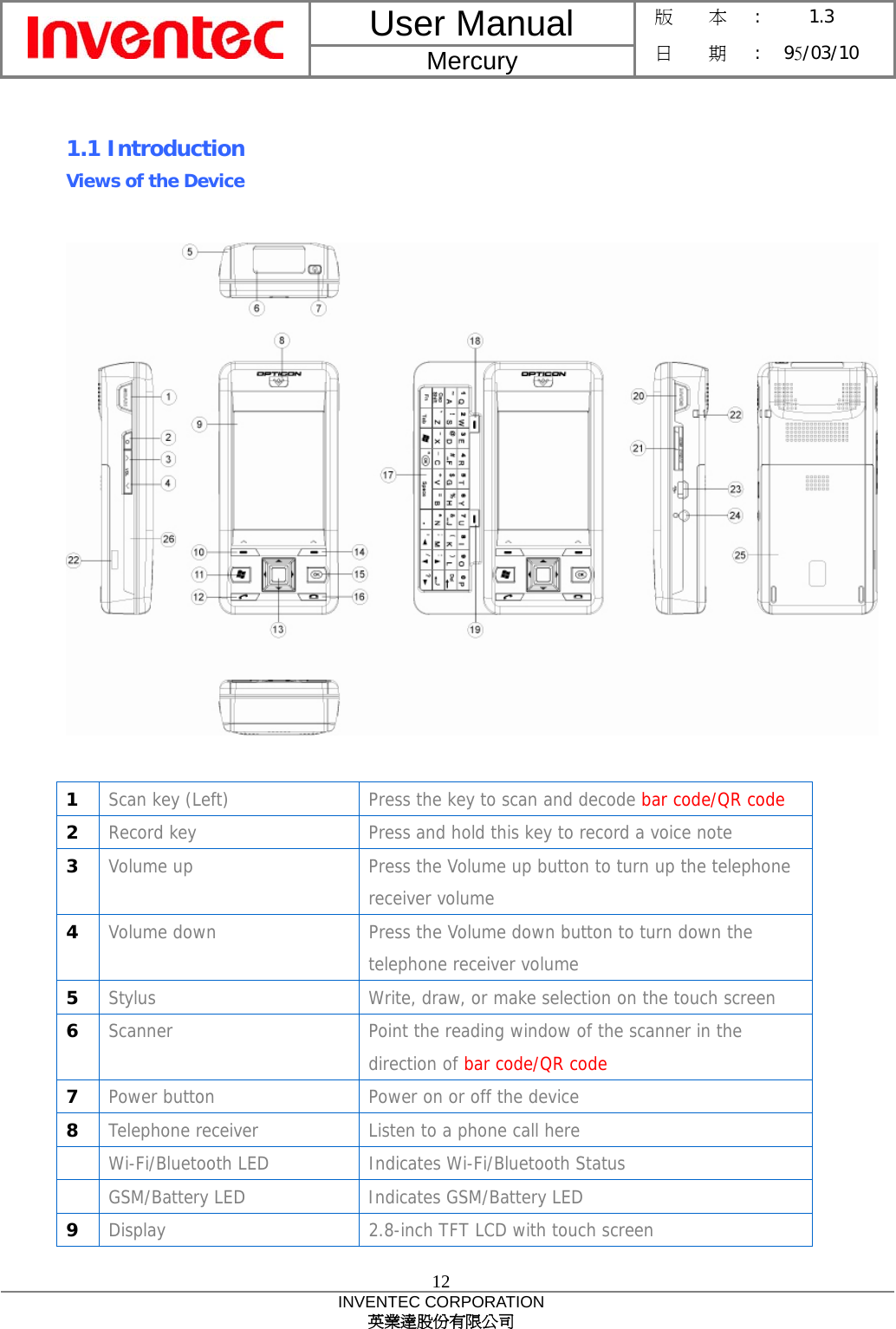 User Manual  Mercury 版    本 :  1.3 日    期 : 95/03/10  12 INVENTEC CORPORATION 英業達股份有限公司   1.1 Introduction Views of the Device    1  Scan key (Left)  Press the key to scan and decode bar code/QR code 2  Record key  Press and hold this key to record a voice note 3  Volume up  Press the Volume up button to turn up the telephone receiver volume 4  Volume down  Press the Volume down button to turn down the telephone receiver volume 5  Stylus  Write, draw, or make selection on the touch screen 6  Scanner  Point the reading window of the scanner in the direction of bar code/QR code 7  Power button  Power on or off the device 8  Telephone receiver  Listen to a phone call here  Wi-Fi/Bluetooth LED  Indicates Wi-Fi/Bluetooth Status  GSM/Battery LED  Indicates GSM/Battery LED 9  Display  2.8-inch TFT LCD with touch screen 