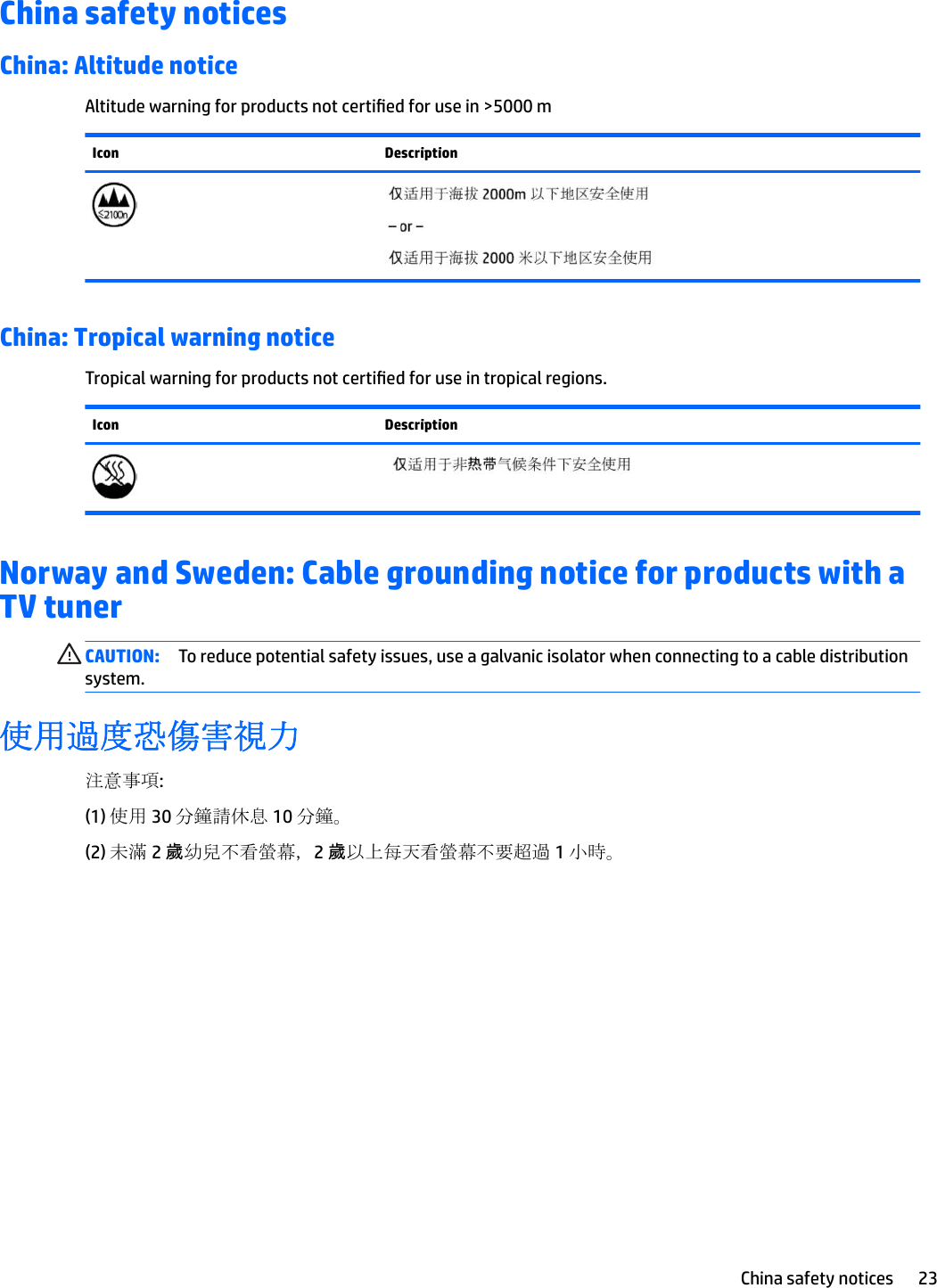 China safety noticesChina: Altitude noticeAltitude warning for products not certied for use in &gt;5000 mIcon DescriptionChina: Tropical warning noticeTropical warning for products not certied for use in tropical regions.Icon DescriptionNorway and Sweden: Cable grounding notice for products with a TV tunerCAUTION: To reduce potential safety issues, use a galvanic isolator when connecting to a cable distribution system.使用過度恐傷害視力注意事項:(1) 使用 30 分鐘請休息 10 分鐘。(2) 未滿 2 歲幼兒不看螢幕，2 歲以上每天看螢幕不要超過 1 小時。China safety notices 23