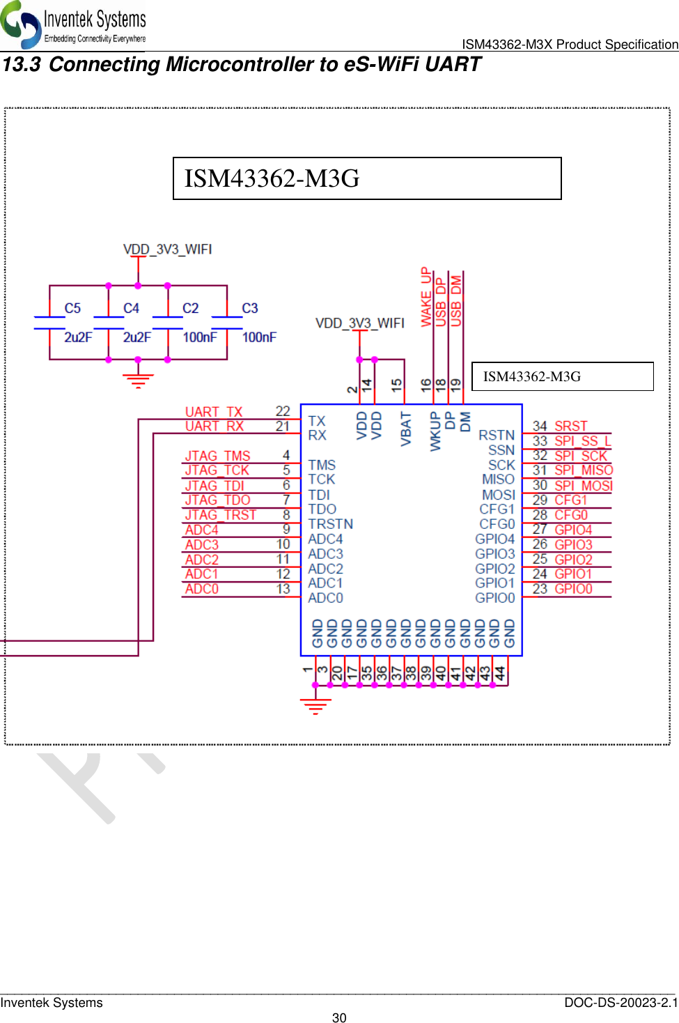                               ISM43362-M3X Product Specification _____________________________________________________________________________________________   Inventek Systems  DOC-DS-20023-2.1 30  13.3  Connecting Microcontroller to eS-WiFi UART            ISM43362-M3G ISM43362-M3G 