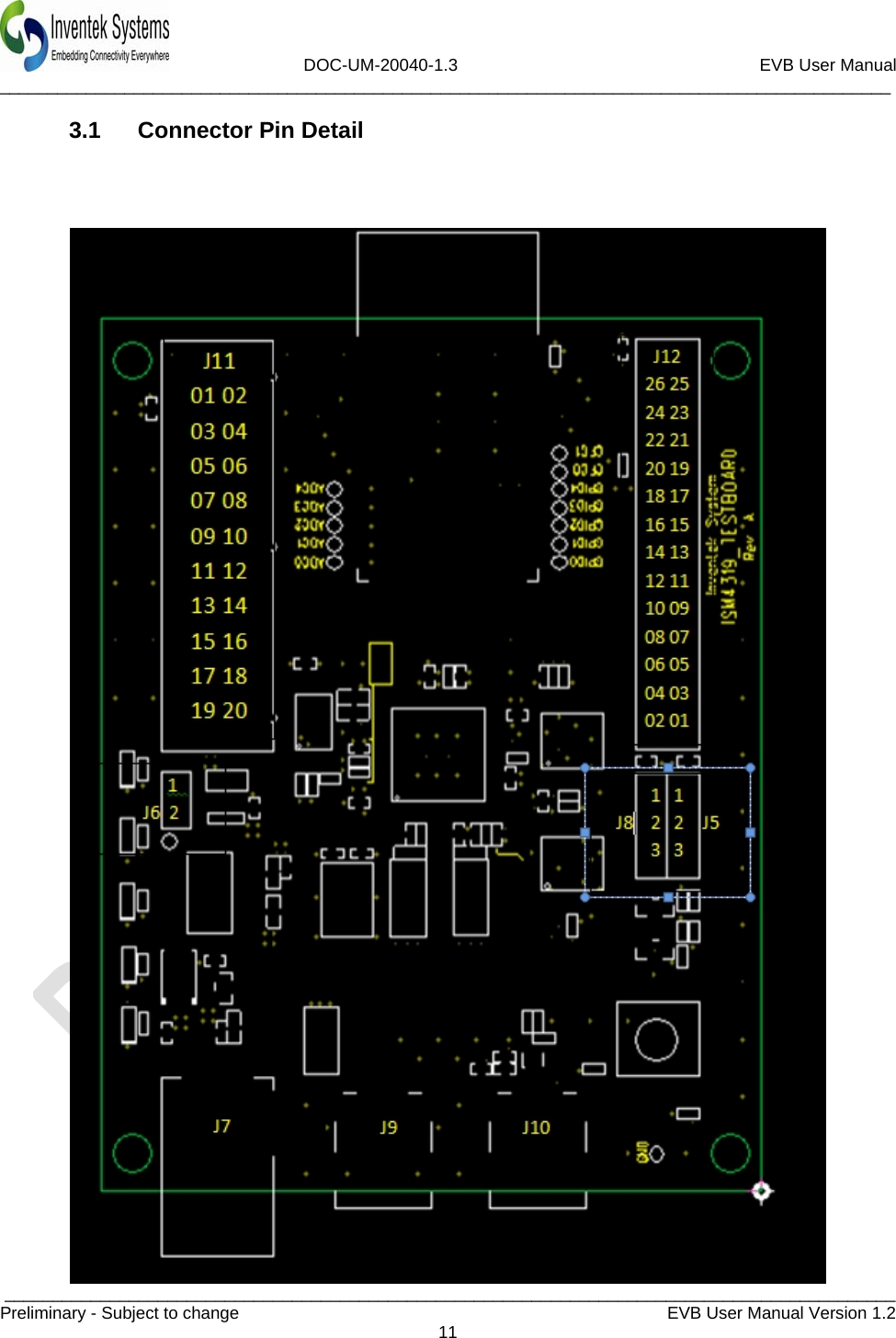                             DOC-UM-20040-1.3                                                         EVB User Manual  _____________________________________________________________________________________________  _____________________________________________________________________________________________Preliminary - Subject to change   EVB User Manual Version 1.2  11  3.1  Connector Pin Detail                 