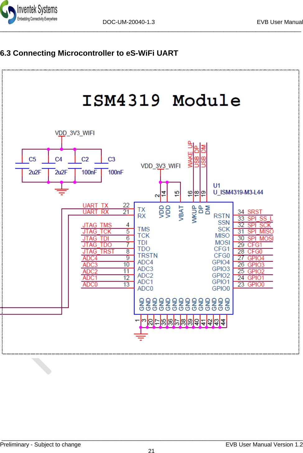                             DOC-UM-20040-1.3                                                         EVB User Manual  _____________________________________________________________________________________________  _____________________________________________________________________________________________Preliminary - Subject to change   EVB User Manual Version 1.2  21   6.3 Connecting Microcontroller to eS-WiFi UART           