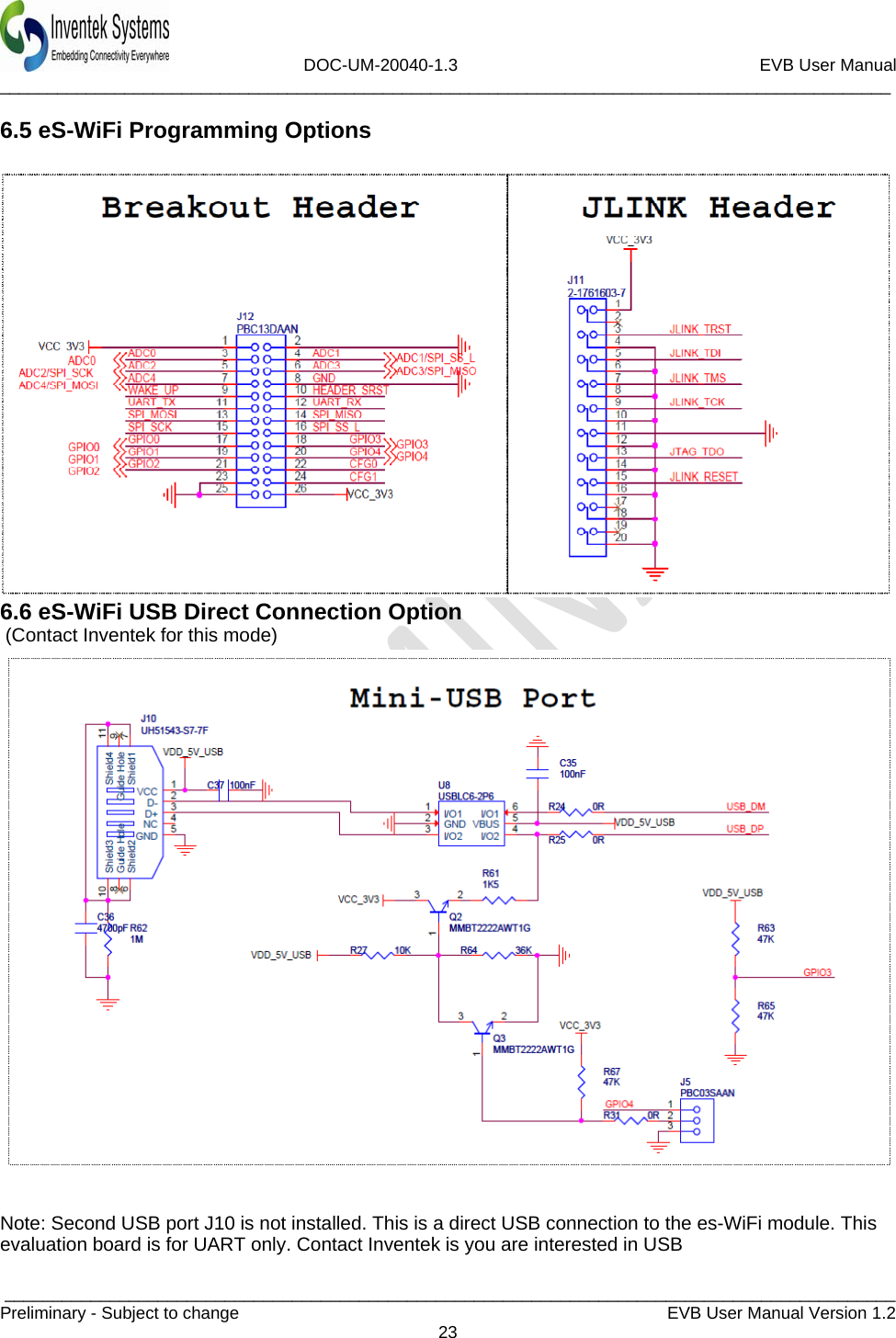                             DOC-UM-20040-1.3                                                         EVB User Manual  _____________________________________________________________________________________________  _____________________________________________________________________________________________Preliminary - Subject to change   EVB User Manual Version 1.2  23  6.5 eS-WiFi Programming Options   6.6 eS-WiFi USB Direct Connection Option  (Contact Inventek for this mode)  Note: Second USB port J10 is not installed. This is a direct USB connection to the es-WiFi module. This evaluation board is for UART only. Contact Inventek is you are interested in USB  