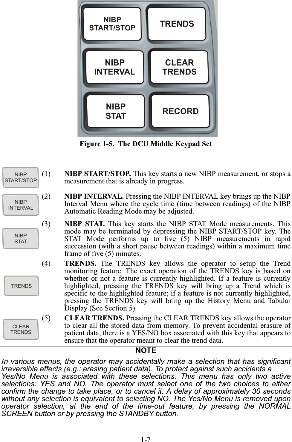 1-7Figure 1-5.  The DCU Middle Keypad Set(1) NIBP START/STOP. This key starts a new NIBP measurement, or stops ameasurement that is already in progress.(2) NIBP INTERVAL. Pressing the NIBP INTERVAL key brings up the NIBPInterval Menu where the cycle time (time between readings) of the NIBPAutomatic Reading Mode may be adjusted.(3) NIBP STAT. This key starts the NIBP STAT Mode measurements. Thismode may be terminated by depressing the NIBP START/STOP key. TheSTAT Mode performs up to five (5) NIBP measurements in rapidsuccession (with a short pause between readings) within a maximum timeframe of five (5) minutes.(4) TRENDS. The TRENDS key allows the operator to setup the Trendmonitoring feature. The exact operation of the TRENDS key is based onwhether or not a feature is currently highlighted. If a feature is currentlyhighlighted, pressing the TRENDS key will bring up a Trend which isspecific to the highlighted feature; if a feature is not currently highlighted,pressing the TRENDS key will bring up the History Menu and TabularDisplay (See Section 5).(5) CLEAR TRENDS. Pressing the CLEAR TRENDS key allows the operatorto clear all the stored data from memory. To prevent accidental erasure ofpatient data, there is a YES/NO box associated with this key that appears toensure that the operator meant to clear the trend data.NOTEIn various menus, the operator may accidentally make a selection that has significantirreversible effects (e.g.: erasing patient data). To protect against such accidents a Yes/No Menu is associated with these selections. This menu has only two activeselections: YES and NO. The operator must select one of the two choices to eitherconfirm the change to take place, or to cancel it. A delay of approximately 30 secondswithout any selection is equivalent to selecting NO. The Yes/No Menu is removed uponoperator selection, at the end of the time-out feature, by pressing the NORMALSCREEN button or by pressing the STANDBY button.