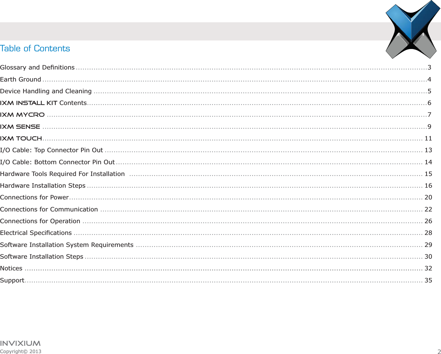 INVIXIUMCopyright© 2013Table of ContentsGlossary  ..............................................................................................................................................................3Earth Ground .............................................................................................................................................................................4Device Handling and Cleaning ......................................................................................................................................................5IXM INSTALL KIT Contents.........................................................................................................................................................6IXM MYCRO ...........................................................................................................................................................................7IXM SENSE .............................................................................................................................................................................9IXM TOUCH ........................................................................................................................................................................... 11I/O Cable: Top Connector Pin Out ............................................................................................................................................... 13I/O Cable: Bottom Connector Pin Out .......................................................................................................................................... 14Hardware Tools Required For Installation  .................................................................................................................................... 15Hardware Installation Steps ....................................................................................................................................................... 16Connections for Power ............................................................................................................................................................... 20Connections for Communication ................................................................................................................................................. 22Connections for Operation ......................................................................................................................................................... 26 ............................................................................................................................................................. 28Software Installation System Requirements  ................................................................................................................................. 29Software Installation Steps ........................................................................................................................................................ 30Notices ................................................................................................................................................................................... 32Support ................................................................................................................................................................................... 352