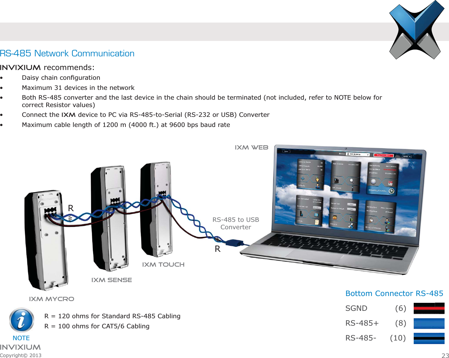 INVIXIUMCopyright© 2013RS-485 Network CommunicationINVIXIUM recommends:  Maximum 31 devices in the network Both RS-485 converter and the last device in the chain should be terminated (not included, refer to NOTE below for  correct Resistor values) Connect the IXM device to PC via RS-485-to-Serial (RS-232 or USB) Converter Maximum cable length of 1200 m (4000 ft.) at 9600 bps baud rateBottom Connector RS-485SGND     (6)RS-485+    (8)RS-485- (10)Bottom Connector RS-48SGND(6)RS-485 to USB ConverterIXM TOUCHIXM WEBIXM SENSEIXM MYCRORRR = 120 ohms for Standard RS-485 CablingR = 100 ohms for CAT5/6 CablingNOTE23