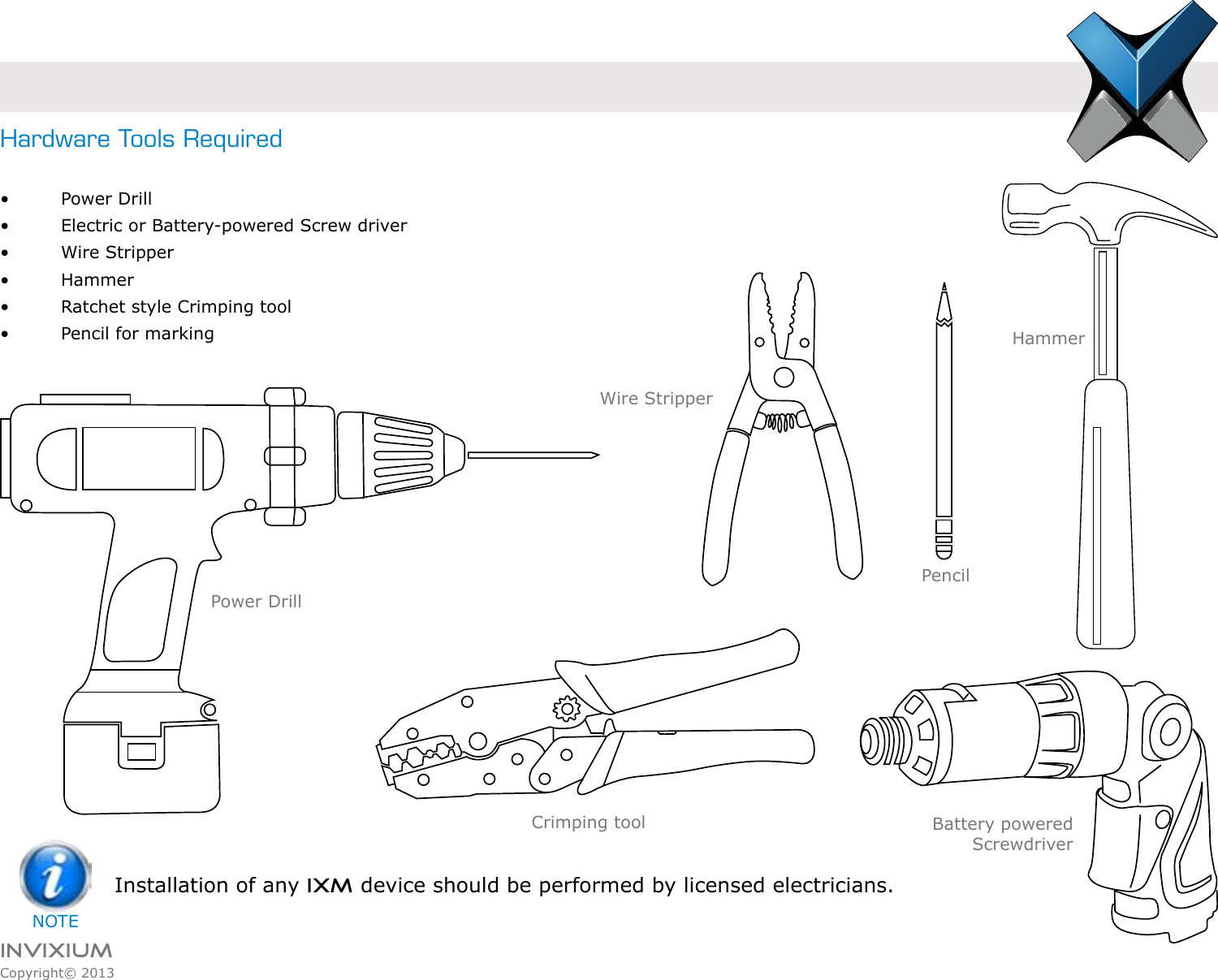 INVIXIUMCopyright© 2013invixiumaccessHardware Tools Required•    Power Drill•    Electric or Battery-powered Screw driver•    Wire Stripper•   Hammer•    Ratchet style Crimping tool•    Pencil for markingPencilWire StripperBattery powered ScrewdriverHammerPower DrillCrimping toolInstallation of any IXM device should be performed by licensed electricians.  NOTE