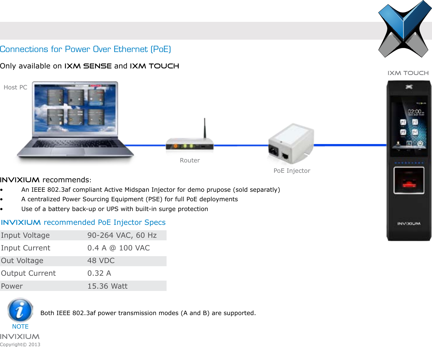 INVIXIUMCopyright© 2013invixiumaccessINVIXIUM recommends:•    An IEEE 802.3af compliant Active Midspan Injector for demo prupose (sold separatly) •    A centralized Power Sourcing Equipment (PSE) for full PoE deployments•    Use of a battery back-up or UPS with built-in surge protectionOnly available on IXM SENSE and IXM TOUCHINVIXIUM recommended PoE Injector SpecsInput Voltage    90-264 VAC, 60 HzInput Current    0.4 A @ 100 VACOut Voltage     48 VDCOutput Current    0.32 APower   15.36 WattPoE InjectorRouterHost PCIXM TOUCHConnections for Power Over Ethernet (PoE)Both IEEE 802.3af power transmission modes (A and B) are supported.NOTE