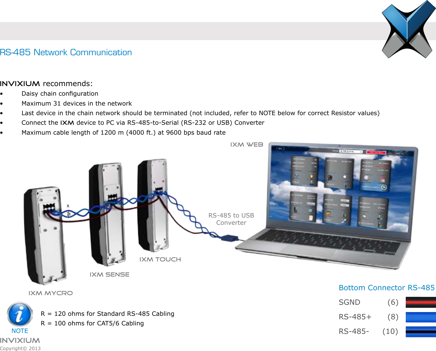 INVIXIUMCopyright© 2013invixiumaccessRS-485 Network CommunicationINVIXIUM recommends:•    Daisy chain conguration •    Maximum 31 devices in the network•    Last device in the chain network should be terminated (not included, refer to NOTE below for correct Resistor values)•    Connect the IXM device to PC via RS-485-to-Serial (RS-232 or USB) Converter•    Maximum cable length of 1200 m (4000 ft.) at 9600 bps baud rateBottom Connector RS-485SGND     (6)RS-485+    (8)RS-485- (10)RS-485 to USB ConverterIXM TOUCHIXM WEBIXM SENSEIXM MYCRORR = 120 ohms for Standard RS-485 CablingR = 100 ohms for CAT5/6 CablingNOTE