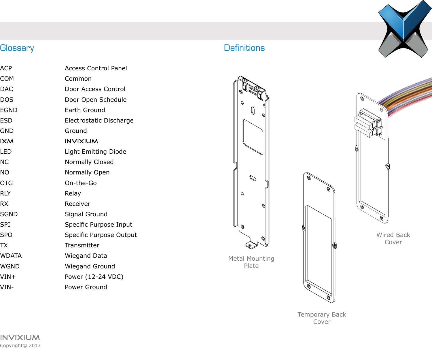INVIXIUMCopyright© 2013invixiumaccessGlossaryACP      Access Control PanelCOM   CommonDAC      Door Access ControlDOS      Door Open ScheduleEGND   Earth GroundESD   Electrostatic DischargeGND   GroundIXM   INVIXIUMLED      Light Emitting DiodeNC   Normally ClosedNO   Normally OpenOTG   On-the-Go RLY   RelayRX   ReceiverSGND   Signal GroundSPI      Specic Purpose InputSPO      Specic Purpose OutputTX   TransmitterWDATA    Wiegand DataWGND   Wiegand GroundVIN+      Power (12-24 VDC)VIN-   Power GroundDenitionsTemporary Back CoverWired Back CoverMetal Mounting Plate