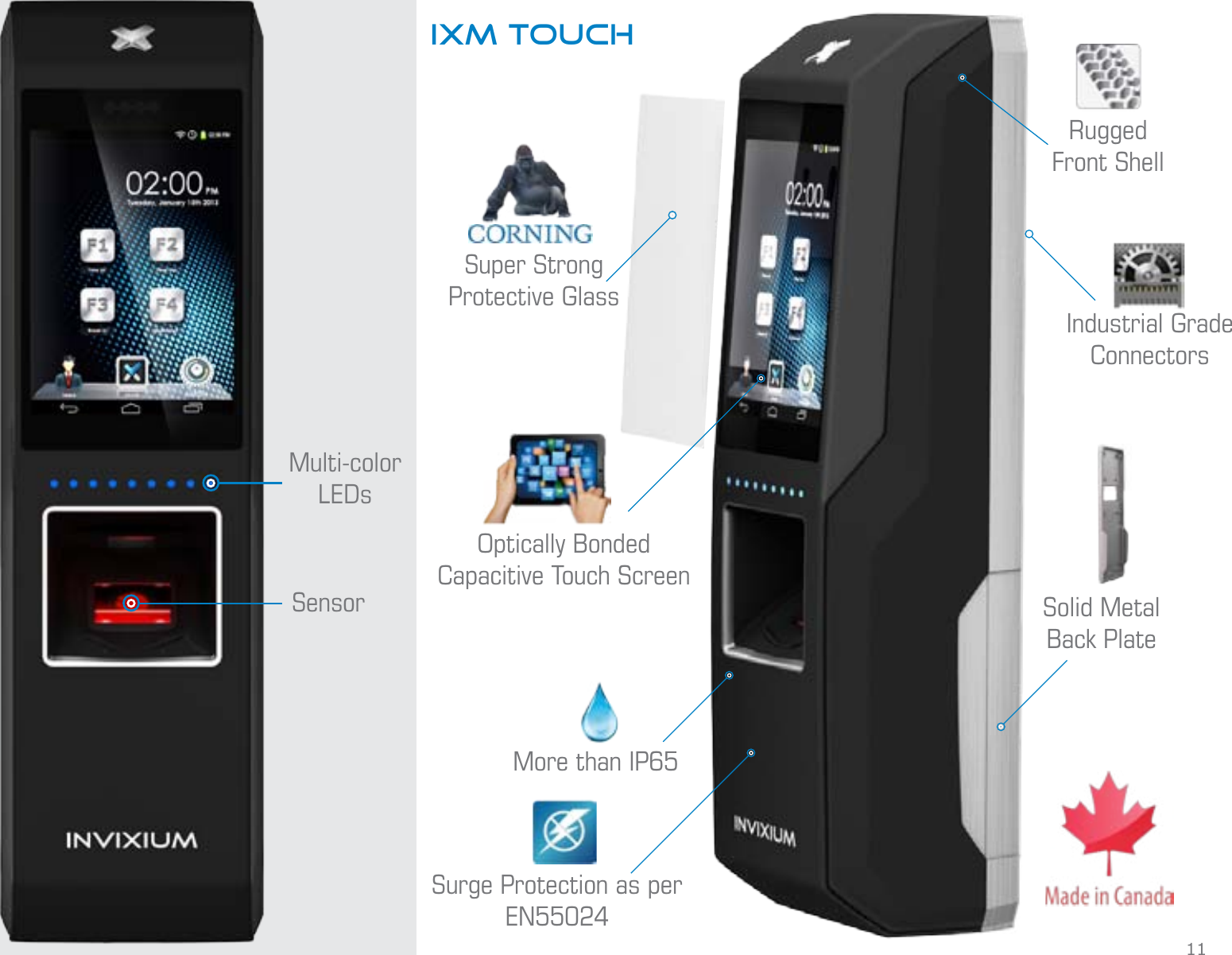 IXM TOUCH11Solid Metal Back PlateIndustrial Grade ConnectorsSurge Protection as per EN55024More than IP65Rugged Front ShellSuper Strong Protective GlassOptically Bonded Capacitive Touch ScreenSensorMulti-color LEDs