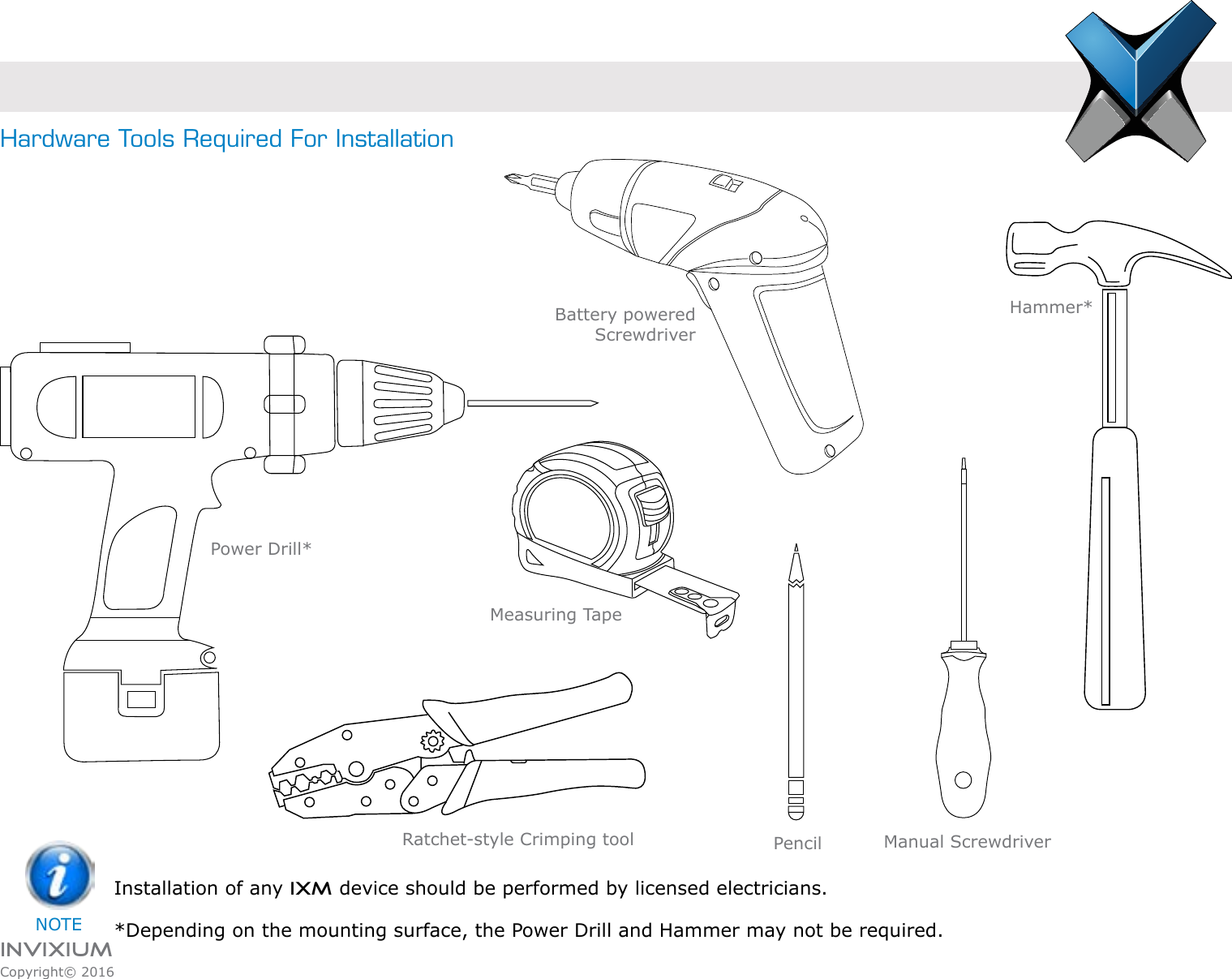 INVIXIUMCopyright© 2016invixiumaccessHardware Tools Required For InstallationPencilHammer*Power Drill*Ratchet-style Crimping toolInstallation of any IXM device should be performed by licensed electricians.*Depending on the mounting surface, the Power Drill and Hammer may not be required.  NOTEMeasuring TapeBattery powered ScrewdriverManual Screwdriver