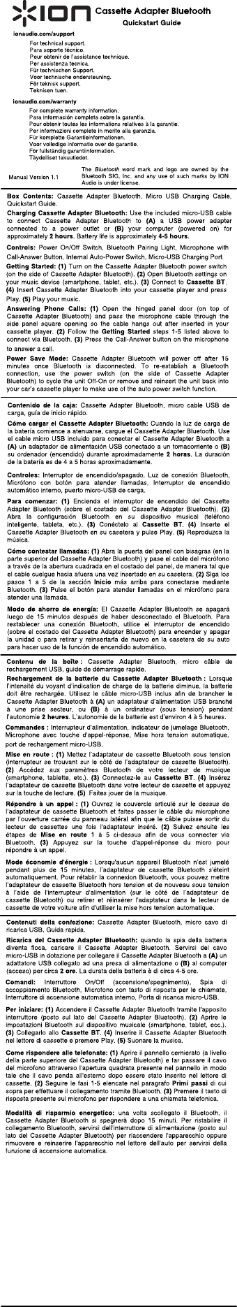 Page 1 of 2 - Ion Ion-Cassette-Adapterbluetooth-Quick-Start-Manual-  Ion-cassette-adapterbluetooth-quick-start-manual
