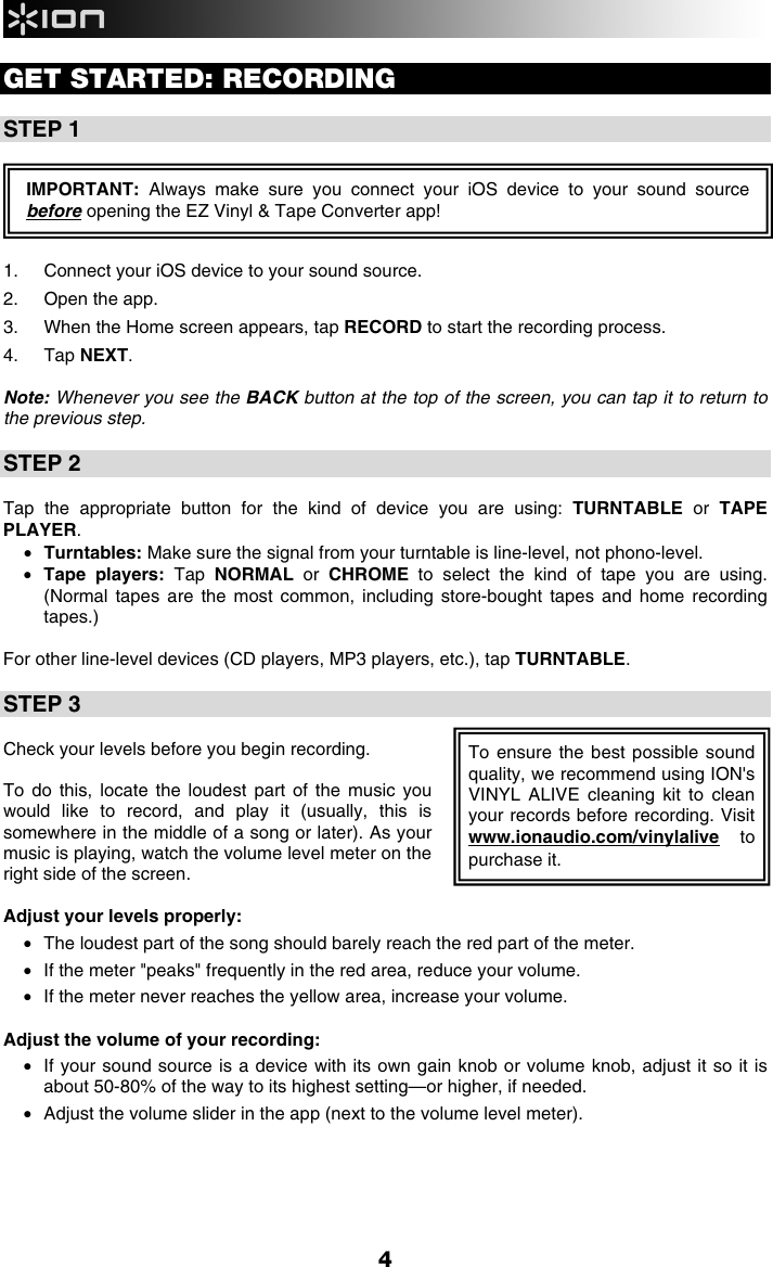 Page 4 of 12 - Ion Ion-Pure-Lp-Quick-Start-Manual- EZ Vinyl & Tape Converter - Quickstart Guide V1.0  Ion-pure-lp-quick-start-manual