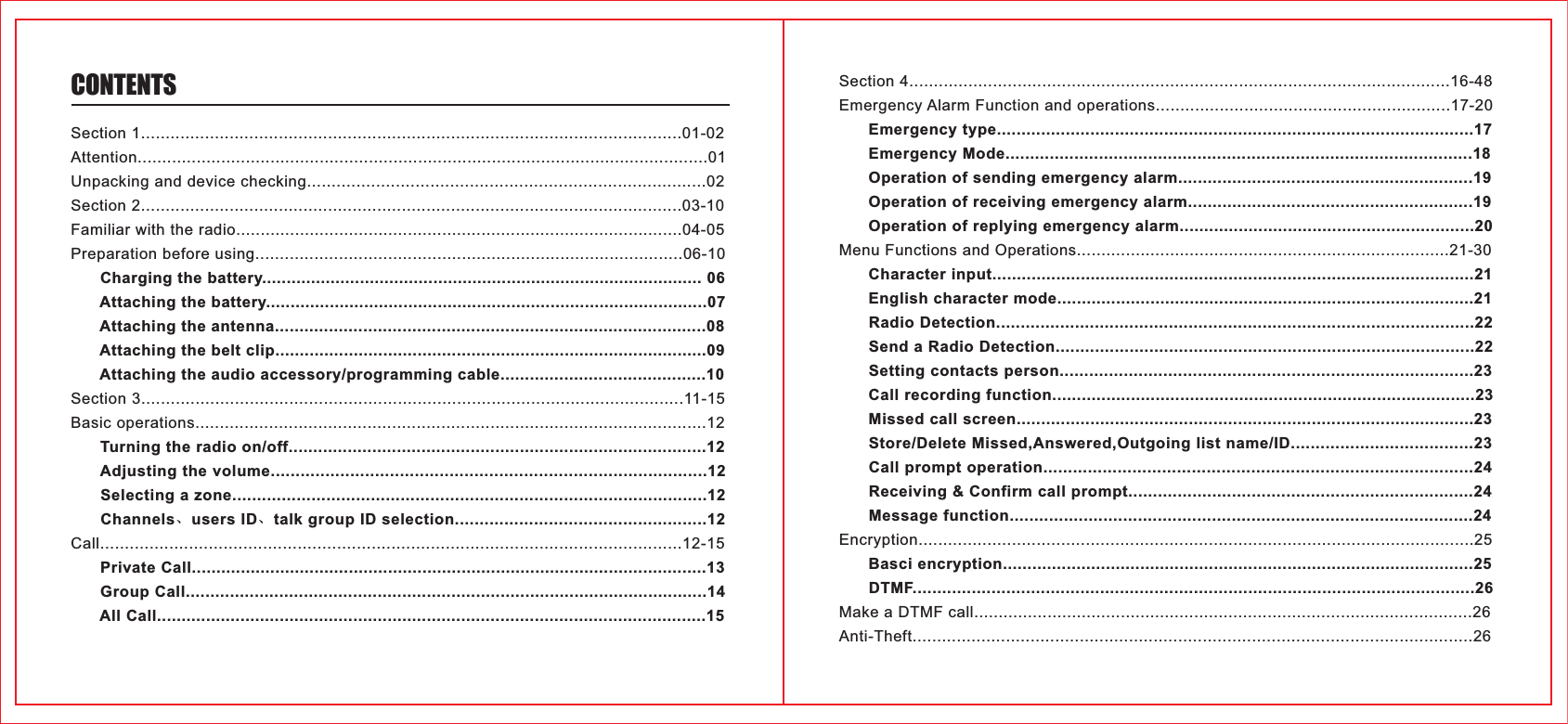 CONTENTSSection 1..............................................................................................................01-02Attention....................................................................................................................01Unpacking and device checking.................................................................................02Section 2..............................................................................................................03-10Familiar with the radio...........................................................................................04-05Preparation before using.......................................................................................06-10      Charging the battery.......................................................................................... 06      Attaching the battery..........................................................................................07      Attaching the antenna........................................................................................08      Attaching the belt clip........................................................................................09      Attaching the audio accessory/programming cable..........................................10Section 3..............................................................................................................11-15Basic operations........................................................................................................12      Turning the radio on/off.....................................................................................12      Adjusting the volume........................................................................................12      Selecting a zone................................................................................................12      Channels、users ID、talk group ID selection...................................................12Call......................................................................................................................12-15      Private Call.........................................................................................................13      Group Call..........................................................................................................14      All Call................................................................................................................15Section 4..............................................................................................................16-48Emergency Alarm Function and operations............................................................17-20      Emergency type.................................................................................................17      Emergency Mode...............................................................................................18      Operation of sending emergency alarm............................................................19      Operation of receiving emergency alarm..........................................................19      Operation of replying emergency alarm............................................................20 Menu Functions and Operations............................................................................21-30      Character input..................................................................................................21      English character mode.....................................................................................21      Radio Detection.................................................................................................22      Send a Radio Detection.....................................................................................22      Setting contacts person....................................................................................23      Call recording function......................................................................................23      Missed call screen.............................................................................................23      Store/Delete Missed,Answered,Outgoing list name/ID.....................................23      Call prompt operation.......................................................................................24      Receiving &amp; Confirm call prompt......................................................................24      Message function..............................................................................................24Encryption.................................................................................................................25      Basci encryption................................................................................................25      DTMF..................................................................................................................26Make a DTMF call......................................................................................................26Anti-Theft..................................................................................................................26