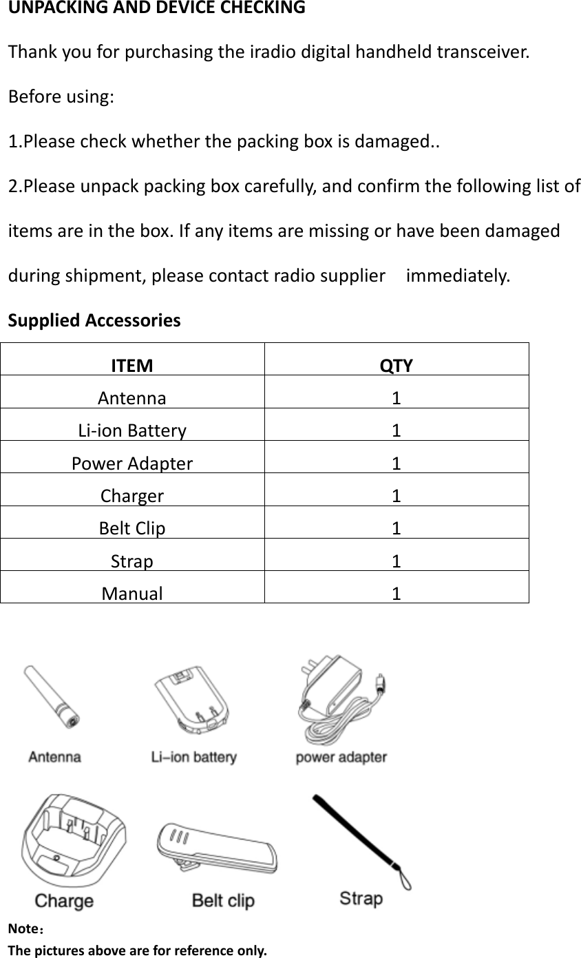 UNPACKINGANDDEVICECHECKINGThankyouforpurchasingtheiradiodigitalhandheldtransceiver.Beforeusing:1.Pleasecheckwhetherthepackingboxisdamaged..2.Pleaseunpackpackingboxcarefully,andconfirmthefollowinglistofitemsareinthebox.Ifanyitemsaremissingorhavebeendamagedduringshipment,pleasecontactradiosupplierimmediately.SuppliedAccessoriesITEMQTYAntenna1Li‐ionBattery 1PowerAdapter1Charger1BeltClip1Strap1Manual1Note：Thepicturesaboveareforreferenceonly.