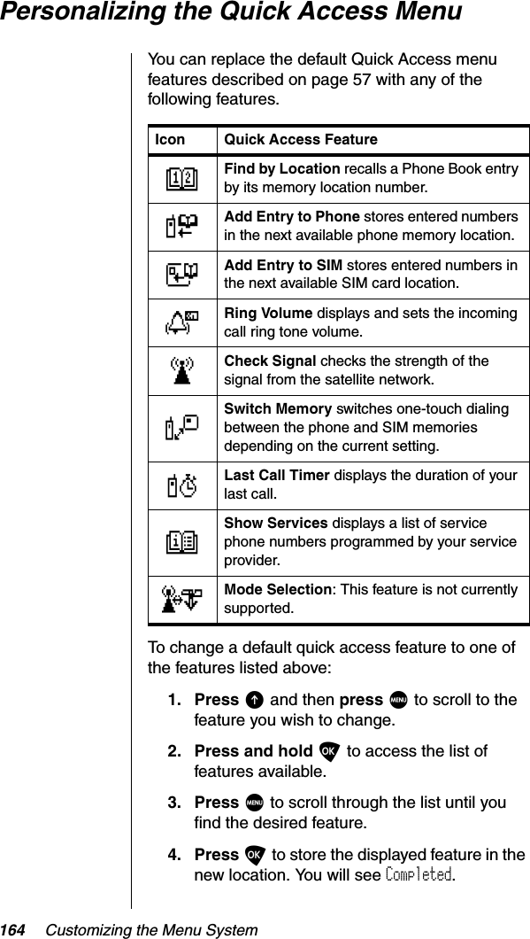 164 Customizing the Menu SystemPersonalizing the Quick Access MenuYou can replace the default Quick Access menu features described on page 57 with any of the following features.To change a default quick access feature to one of the features listed above:1. Press E and then press M to scroll to the feature you wish to change.2. Press and hold O to access the list of features available.3. Press M to scroll through the list until you find the desired feature.4. Press O to store the displayed feature in the new location. You will see Completed.Icon Quick Access FeatureDFind by Location recalls a Phone Book entry by its memory location number.FAdd Entry to Phone stores entered numbers in the next available phone memory location.TAdd Entry to SIM stores entered numbers in the next available SIM card location.NRing Volume displays and sets the incoming call ring tone volume.eCheck Signal checks the strength of the signal from the satellite network.VSwitch Memory switches one-touch dialing between the phone and SIM memories depending on the current setting.YLast Call Timer displays the duration of your last call.%Show Services displays a list of service phone numbers programmed by your service provider.$Mode Selection: This feature is not currently supported.