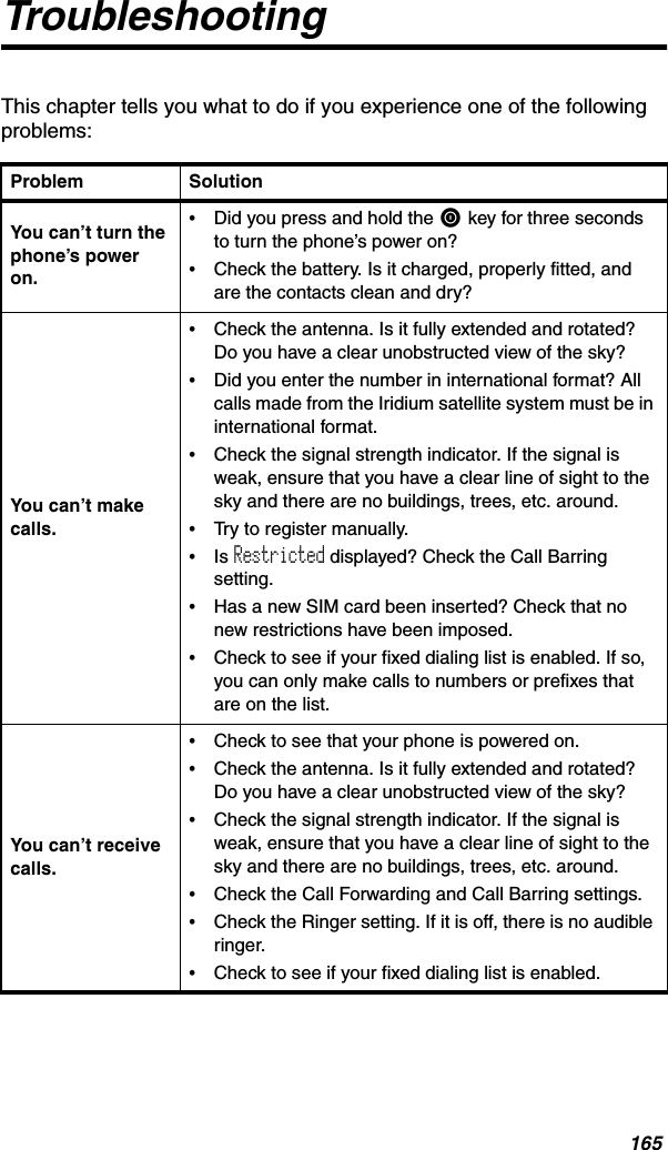165TroubleshootingThis chapter tells you what to do if you experience one of the following problems:Problem SolutionYou can’t turn the phone’s power on.•Did you press and hold the S key for three seconds to turn the phone’s power on?•Check the battery. Is it charged, properly fitted, and are the contacts clean and dry?You can’t make calls.•Check the antenna. Is it fully extended and rotated? Do you have a clear unobstructed view of the sky?•Did you enter the number in international format? All calls made from the Iridium satellite system must be in international format.•Check the signal strength indicator. If the signal is weak, ensure that you have a clear line of sight to the sky and there are no buildings, trees, etc. around.•Try to register manually.•Is Restricted displayed? Check the Call Barring setting.•Has a new SIM card been inserted? Check that no new restrictions have been imposed.•Check to see if your fixed dialing list is enabled. If so, you can only make calls to numbers or prefixes that are on the list.You can’t receive calls.•Check to see that your phone is powered on.•Check the antenna. Is it fully extended and rotated? Do you have a clear unobstructed view of the sky?•Check the signal strength indicator. If the signal is weak, ensure that you have a clear line of sight to the sky and there are no buildings, trees, etc. around.•Check the Call Forwarding and Call Barring settings.•Check the Ringer setting. If it is off, there is no audible ringer.•Check to see if your fixed dialing list is enabled.
