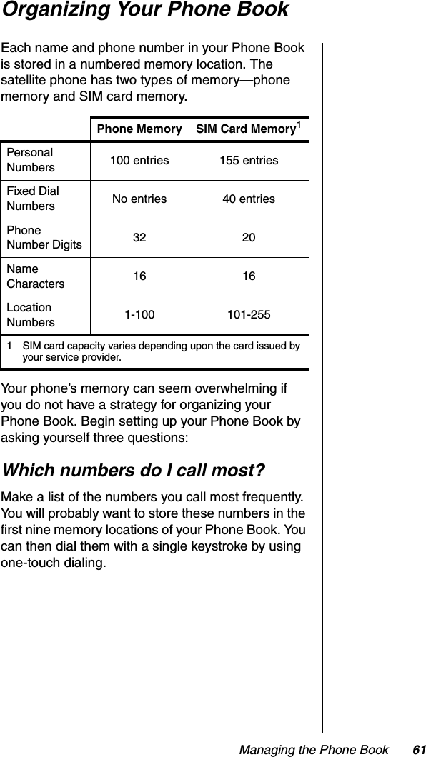 Managing the Phone Book 61Organizing Your Phone BookEach name and phone number in your Phone Book is stored in a numbered memory location. The satellite phone has two types of memory—phone memory and SIM card memory.Your phone’s memory can seem overwhelming if you do not have a strategy for organizing your Phone Book. Begin setting up your Phone Book by asking yourself three questions:Which numbers do I call most?Make a list of the numbers you call most frequently. You will probably want to store these numbers in the first nine memory locations of your Phone Book. You can then dial them with a single keystroke by using one-touch dialing.Phone Memory SIM Card Memory1Personal Numbers 100 entries 155 entriesFixed Dial Numbers No entries 40 entriesPhoneNumber Digits 32 20NameCharacters 16 16LocationNumbers 1-100 101-2551 SIM card capacity varies depending upon the card issued by your service provider.