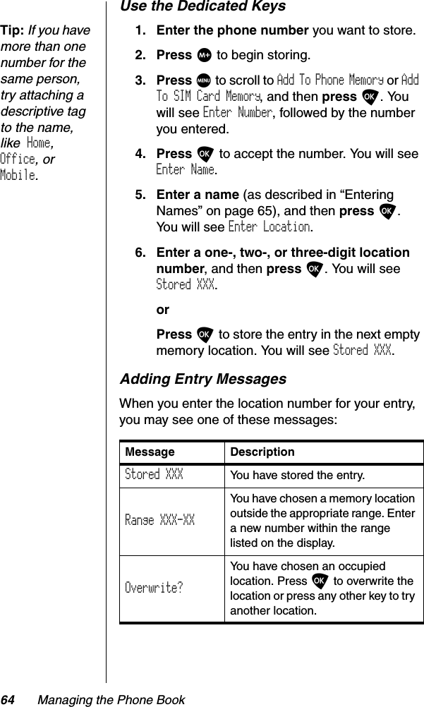 64 Managing the Phone BookUse the Dedicated KeysTip:If you have more than one number for the same person, try attaching a descriptive tag to the name, like  Home,Office, or Mobile.1. Enter the phone number you want to store.2. Press I to begin storing.3. Press M to scroll to Add To Phone Memory or AddTo SIM Card Memory, and then press O. You will see Enter Number, followed by the number you entered.4. Press O to accept the number. You will see Enter Name.5. Enter a name (as described in “Entering Names” on page 65), and then press O.You will see Enter Location.6. Enter a one-, two-, or three-digit location number, and then press O. You will see Stored XXX.orPress O to store the entry in the next empty memory location. You will see Stored XXX.Adding Entry MessagesWhen you enter the location number for your entry, you may see one of these messages:Message DescriptionStored XXX  You have stored the entry.Range XXX-XXYou have chosen a memory location outside the appropriate range. Enter a new number within the range listed on the display.Overwrite?You have chosen an occupied location. Press O to overwrite the location or press any other key to try another location.