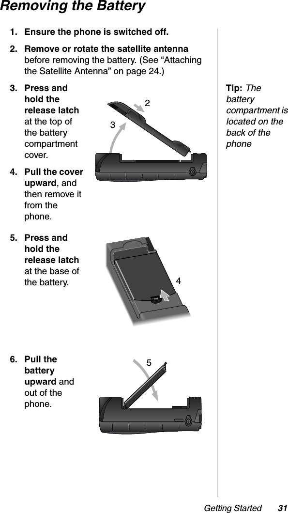 Getting Started 31Removing the Battery1. Ensure the phone is switched off.2. Remove or rotate the satellite antennabefore removing the battery. (See “Attaching the Satellite Antenna” on page 24.)Tip:Thebattery compartment is located on the back of the phone3. Press and hold the release latchat the top of the battery compartment cover.4. Pull the cover upward, and then remove it from the phone.5. Press and hold the release latchat the base of the battery.6. Pull the battery upward and out of the phone.2345