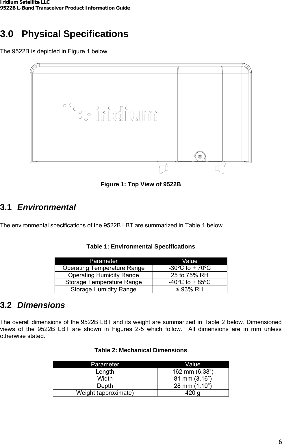 Iridium Satellite LLC 9522B L-Band Transceiver Product Information Guide   3.0 Physical Specifications  The 9522B is depicted in Figure 1 below.   Figure 1: Top View of 9522B 3.1  Environmental  The environmental specifications of the 9522B LBT are summarized in Table 1 below.  Table 1: Environmental Specifications Parameter  Value Operating Temperature Range  -30ºC to + 70ºC Operating Humidity Range  25 to 75% RH Storage Temperature Range  -40ºC to + 85ºC Storage Humidity Range  ≤ 93% RH 3.2  Dimensions  The overall dimensions of the 9522B LBT and its weight are summarized in Table 2 below. Dimensioned views of the 9522B LBT are shown in Figures 2-5 which follow.  All dimensions are in mm unless otherwise stated. Table 2: Mechanical Dimensions Parameter  Value Length  162 mm (6.38”) Width  81 mm (3.16”) Depth  28 mm (1.10”) Weight (approximate)  420 g   6 