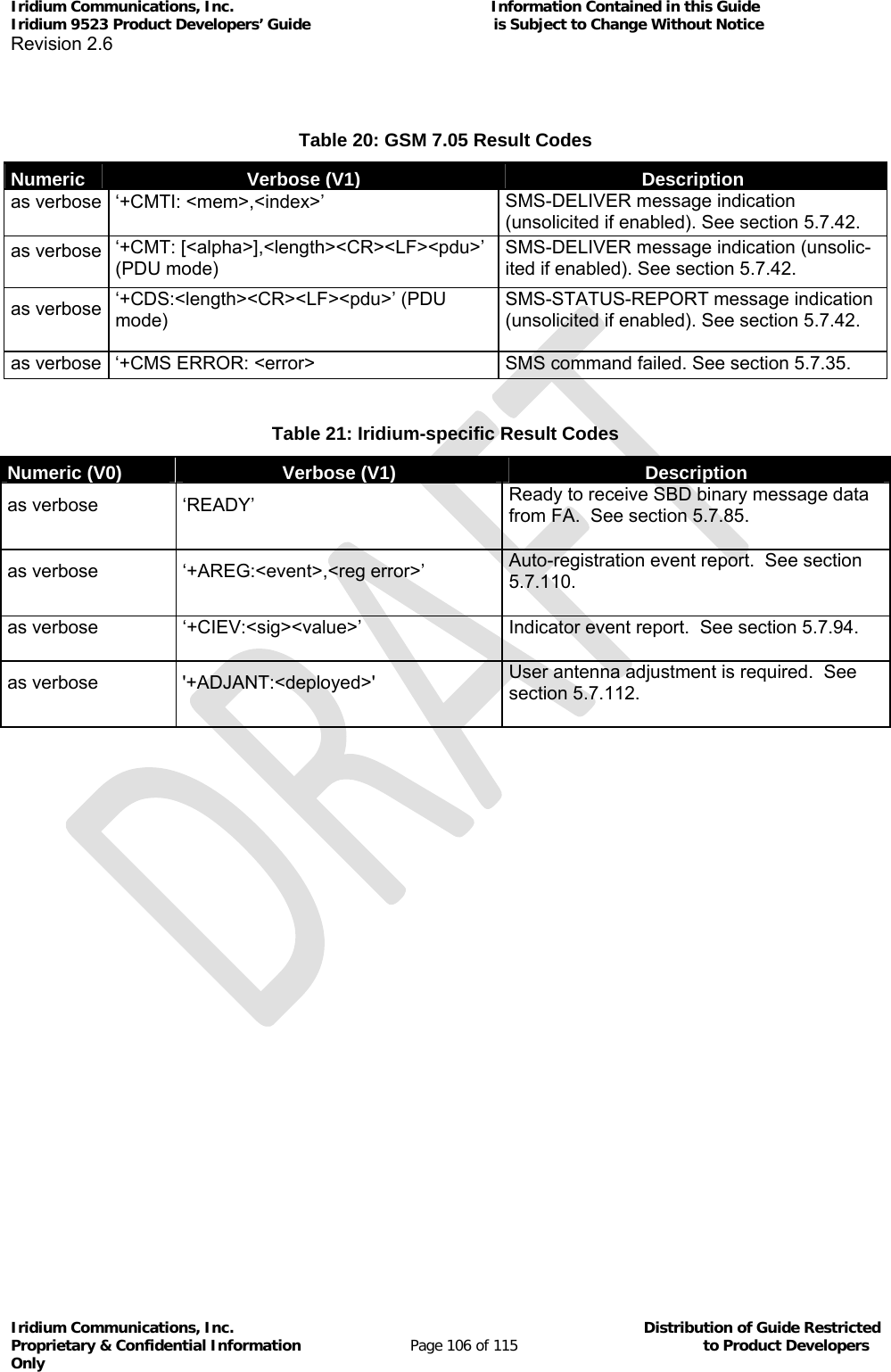 Iridium Communications, Inc.                                                           Information Contained in this Guide  Iridium 9523 Product Developers’ Guide                                          is Subject to Change Without Notice  Revision 2.6 Iridium Communications, Inc.                                          Distribution of Guide Restricted Proprietary &amp; Confidential Information                         Page 106 of 115                                        to Product Developers Only             Table 20: GSM 7.05 Result Codes Numeric Verbose (V1)Description as verbose  ‘+CMTI: &lt;mem&gt;,&lt;index&gt;’  SMS-DELIVER message indication (unsolicited if enabled). See section 5.7.42. as verbose  ‘+CMT: [&lt;alpha&gt;],&lt;length&gt;&lt;CR&gt;&lt;LF&gt;&lt;pdu&gt;’ (PDU mode) SMS-DELIVER message indication (unsolic-ited if enabled). See section 5.7.42. as verbose  ‘+CDS:&lt;length&gt;&lt;CR&gt;&lt;LF&gt;&lt;pdu&gt;’ (PDU mode) SMS-STATUS-REPORT message indication (unsolicited if enabled). See section 5.7.42.  as verbose  ‘+CMS ERROR: &lt;error&gt;  SMS command failed. See section 5.7.35.  Table 21: Iridium-specific Result Codes Numeric (V0) Verbose (V1)Description as verbose  ‘READY’  Ready to receive SBD binary message data from FA.  See section 5.7.85. as verbose  ‘+AREG:&lt;event&gt;,&lt;reg error&gt;’  Auto-registration event report.  See section 5.7.110. as verbose  ‘+CIEV:&lt;sig&gt;&lt;value&gt;’  Indicator event report.  See section 5.7.94. as verbose  &apos;+ADJANT:&lt;deployed&gt;&apos;  User antenna adjustment is required.  See section 5.7.112.  